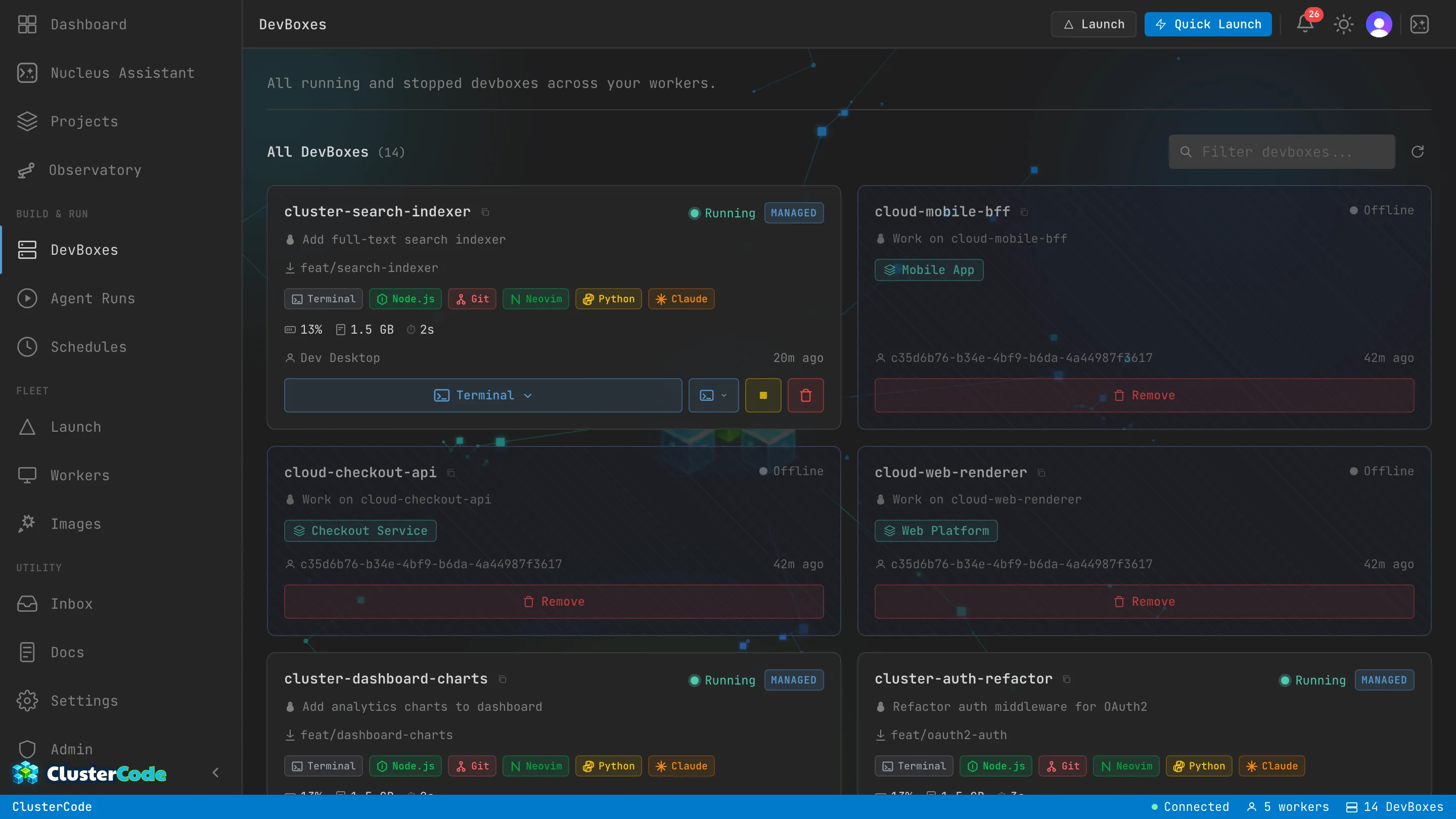 The DevBoxes page listing running and stopped DevBoxes across workers, each card showing the container name, ticket title, branch, capability badges, CPU/memory/disk usage, host worker, and a terminal launcher.