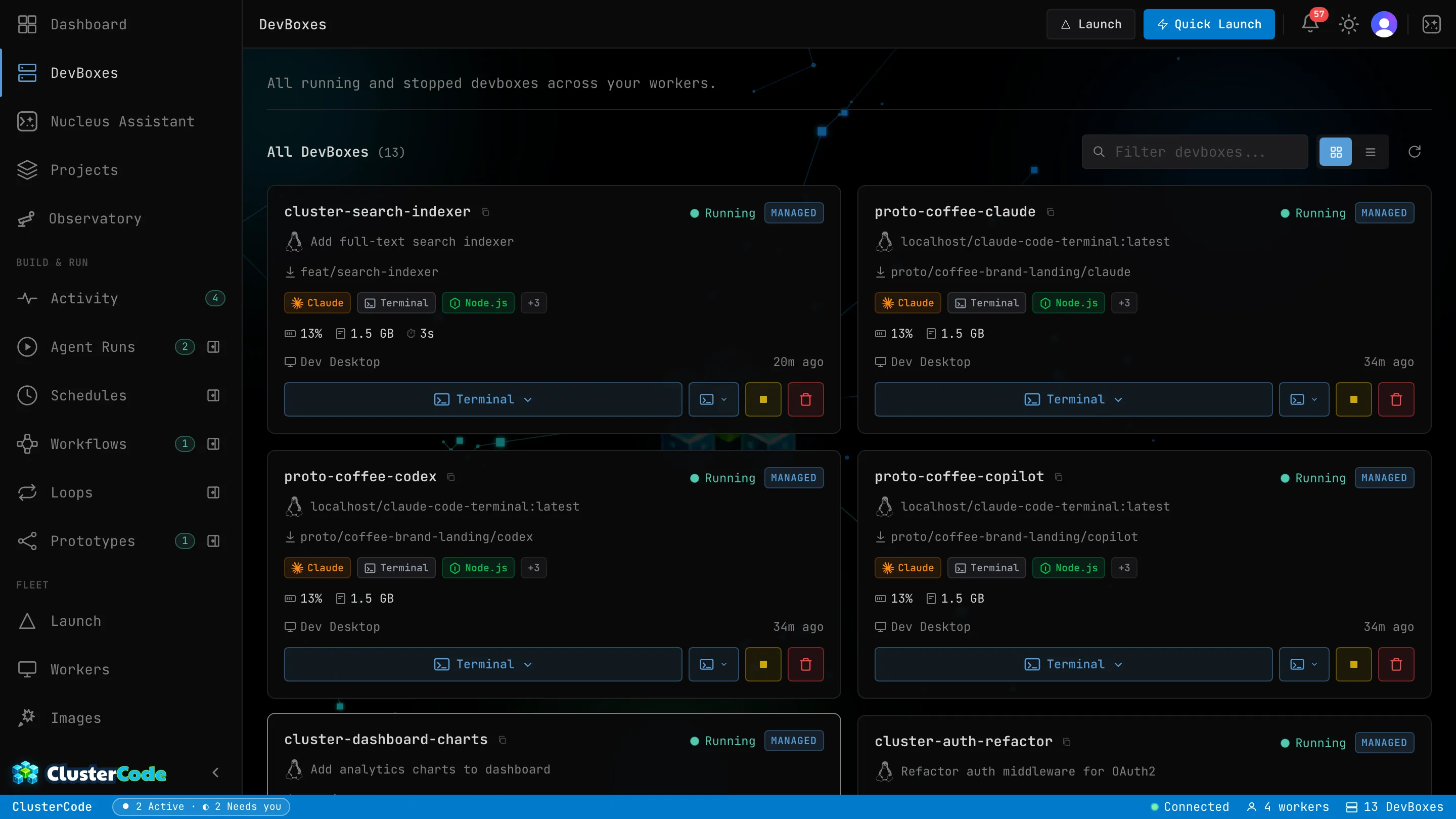 The DevBoxes page listing running and stopped DevBoxes across workers, each card showing the DevBox name, ticket title, branch, capability badges, CPU/memory/disk usage, host worker, and a terminal launcher.
