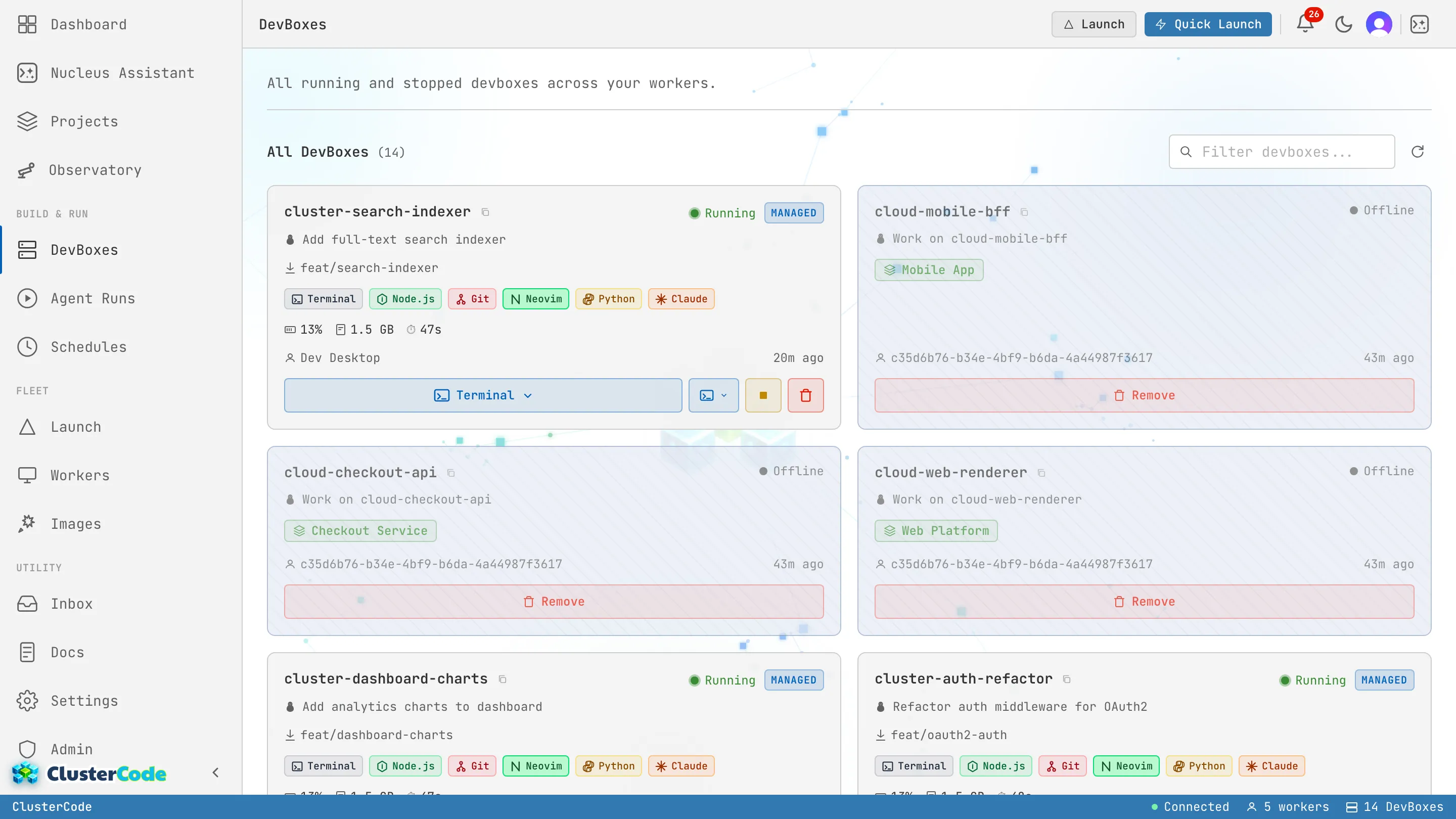 The DevBoxes page listing running and stopped DevBoxes across workers, each card showing the container name, ticket title, branch, capability badges, CPU/memory/disk usage, host worker, and a terminal launcher.