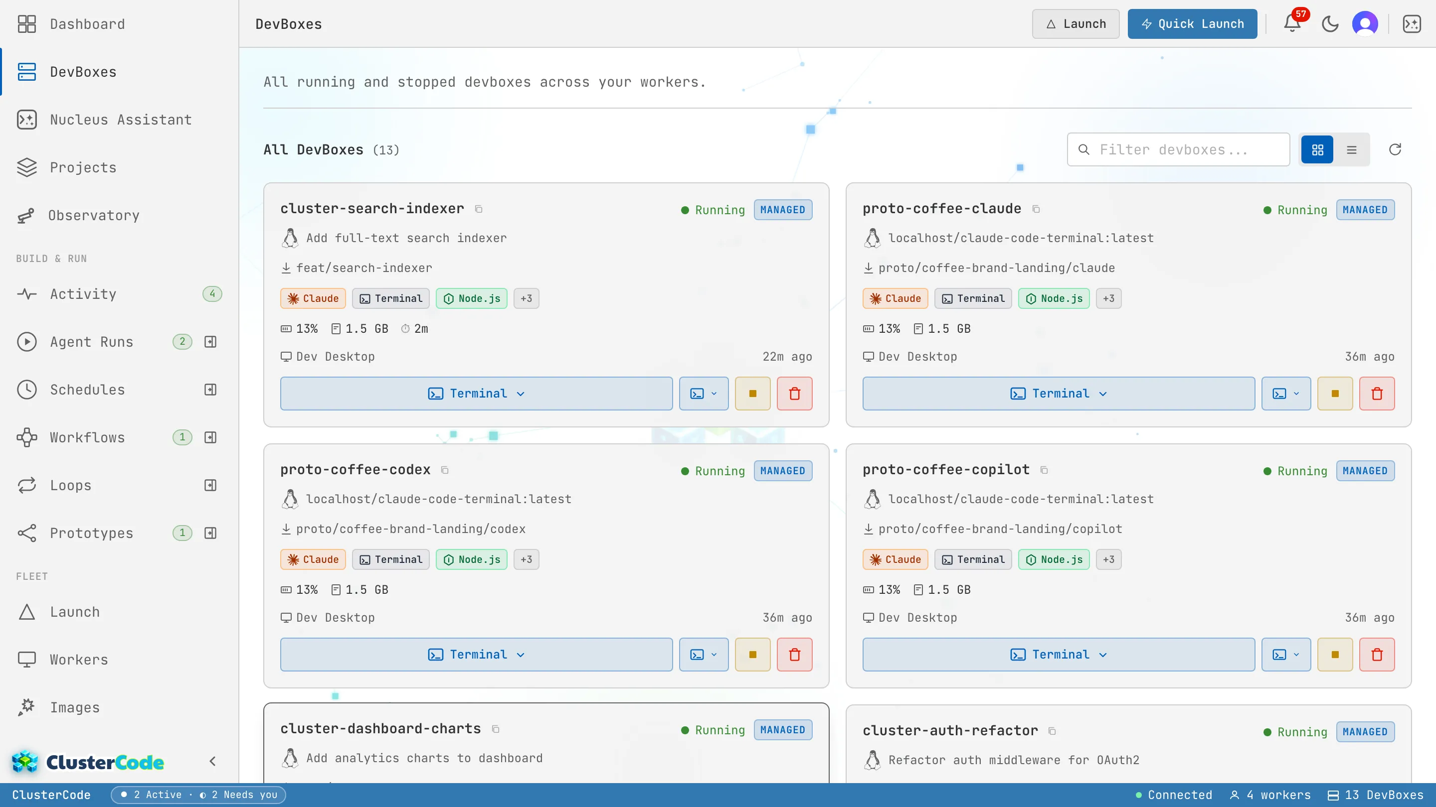 The DevBoxes page listing running and stopped DevBoxes across workers, each card showing the DevBox name, ticket title, branch, capability badges, CPU/memory/disk usage, host worker, and a terminal launcher.