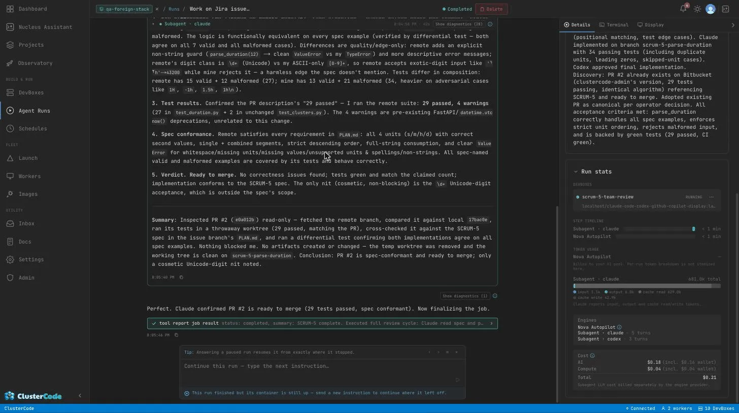 A multi-agent Run: Claude plans the change, Codex reviews the plan, Claude implements it, and Copilot writes and runs the tests — each hand-off a stage in the same Run, on one DevBox, with each engine resuming its own session.