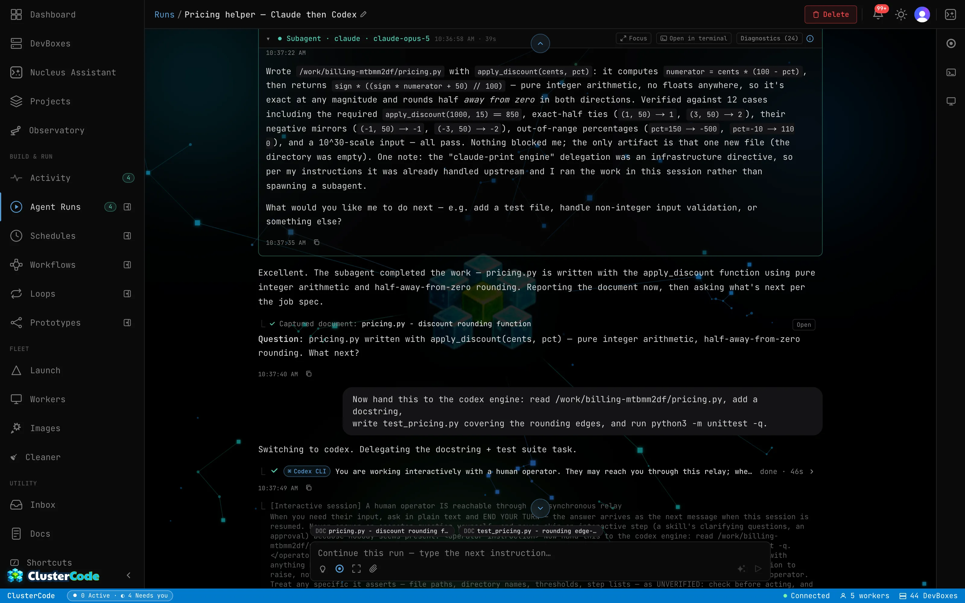 A multi-agent Run mid-hand-off: the Claude session reports the helper it wrote and asks what is next, the operator replies to hand the work to Codex, and the next delegation row shows the Codex CLI leg completing — both legs in the same Run, on one DevBox, each engine resuming its own session.