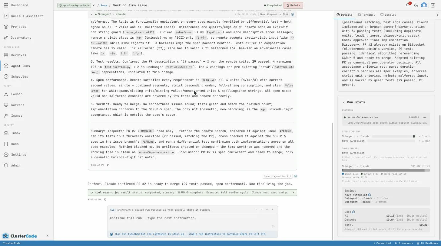 A multi-agent Run: Claude plans the change, Codex reviews the plan, Claude implements it, and Copilot writes and runs the tests — each hand-off a stage in the same Run, on one DevBox, with each engine resuming its own session.