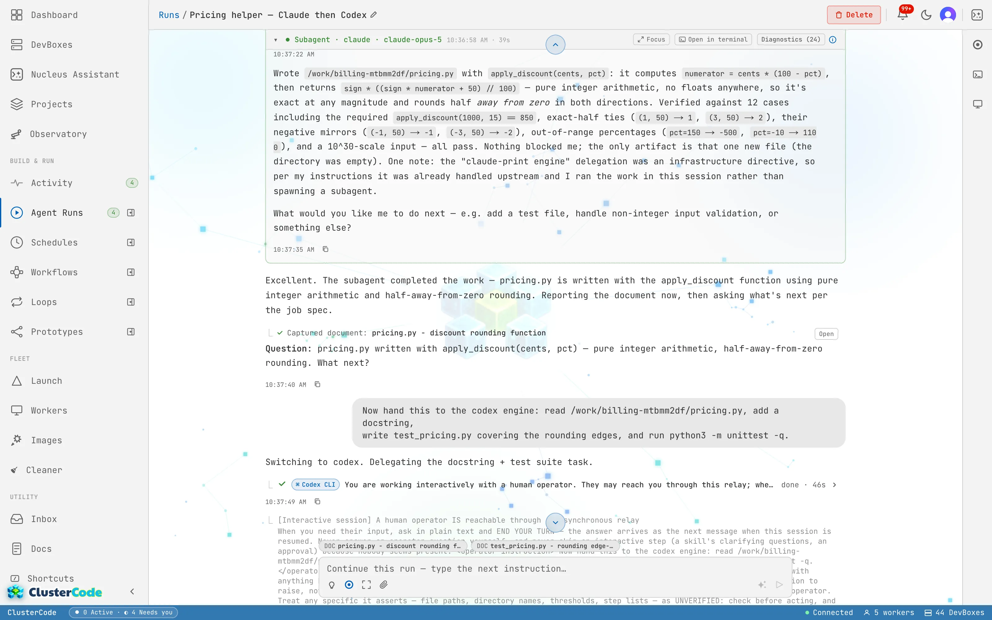 A multi-agent Run mid-hand-off: the Claude session reports the helper it wrote and asks what is next, the operator replies to hand the work to Codex, and the next delegation row shows the Codex CLI leg completing — both legs in the same Run, on one DevBox, each engine resuming its own session.