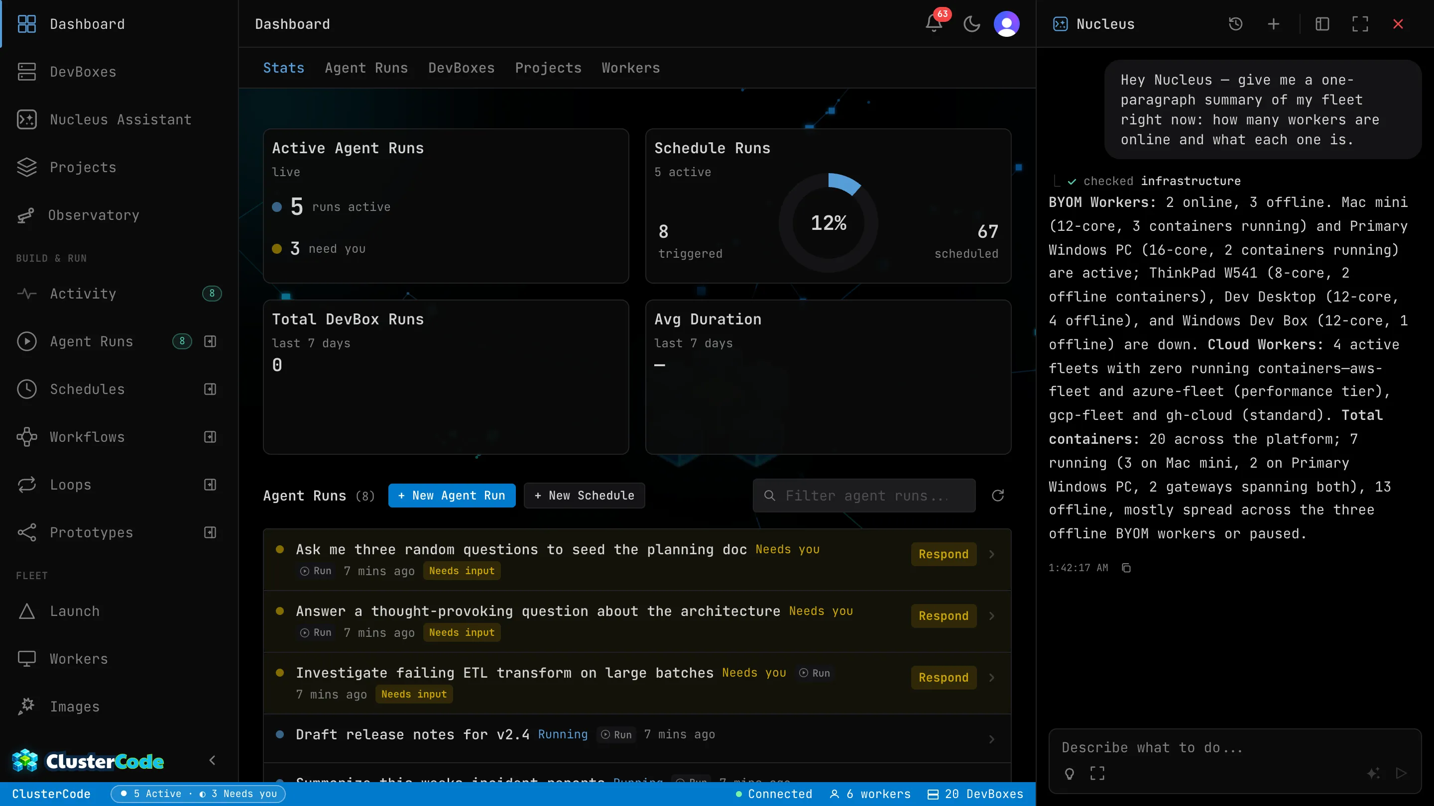 The orchestrator dashboard with the Nucleus chat panel docked on the right, mid-conversation: a request for a fleet summary, the get-infrastructure-state tool call it ran, and the paragraph it wrote back describing the online workers and their DevBoxes.