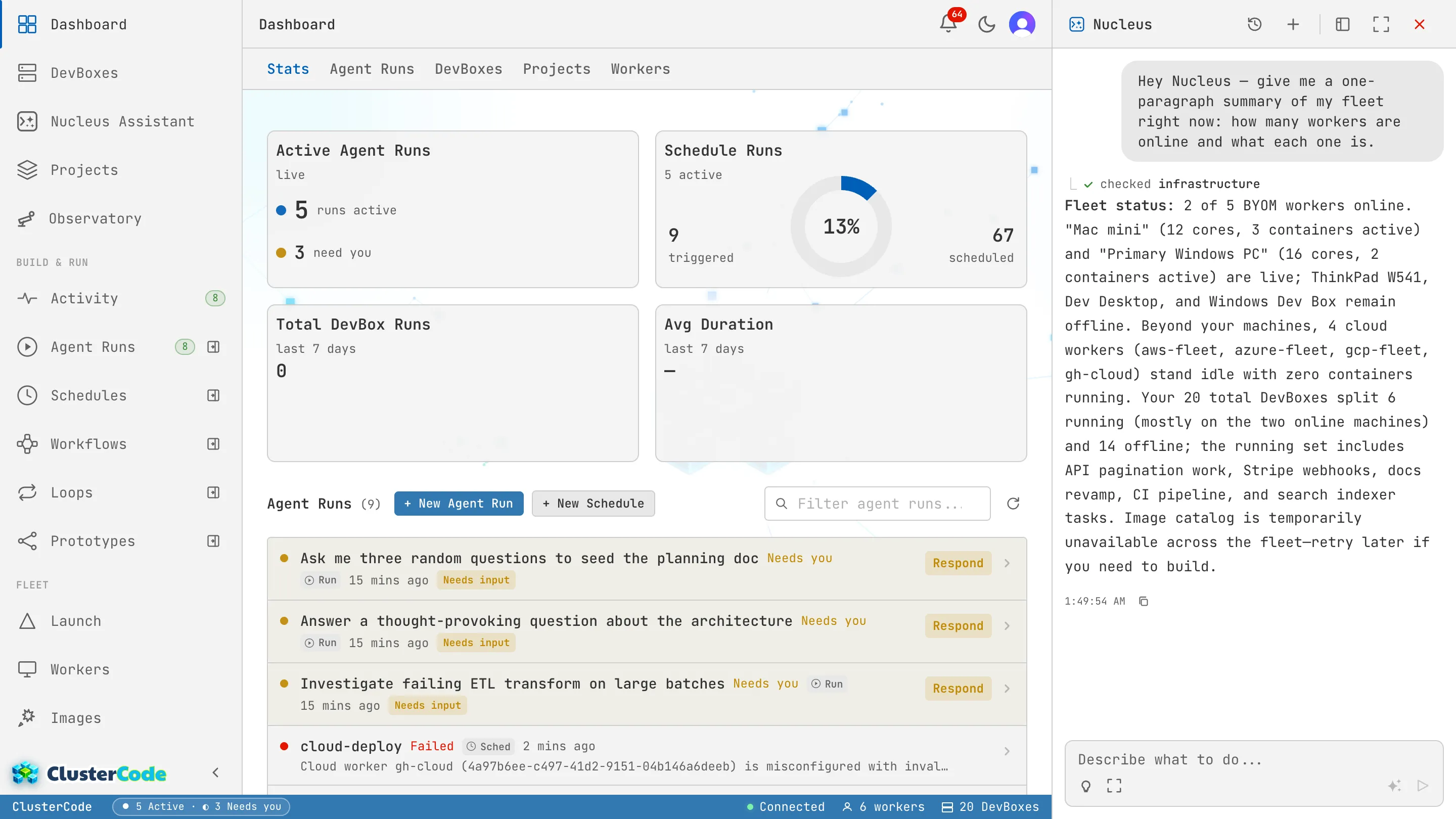 The orchestrator dashboard with the Nucleus chat panel docked on the right, mid-conversation: a request for a fleet summary, the get-infrastructure-state tool call it ran, and the paragraph it wrote back describing the online workers and their DevBoxes.