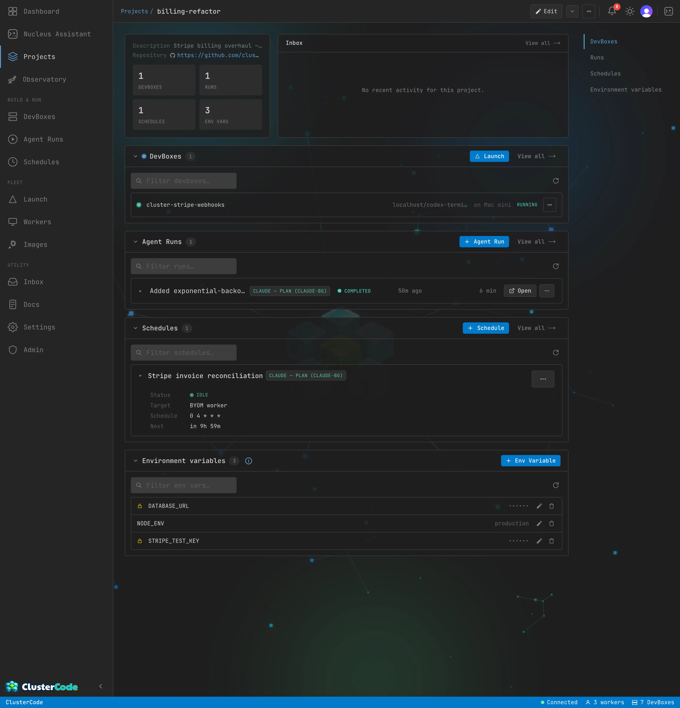 A project dashboard for one effort: a scoped inbox of notifications for just this project, collapsible sections listing the project's linked DevBoxes, runs, and schedules with create and view actions, and a project-level environment variables section for the vars every launch inherits.