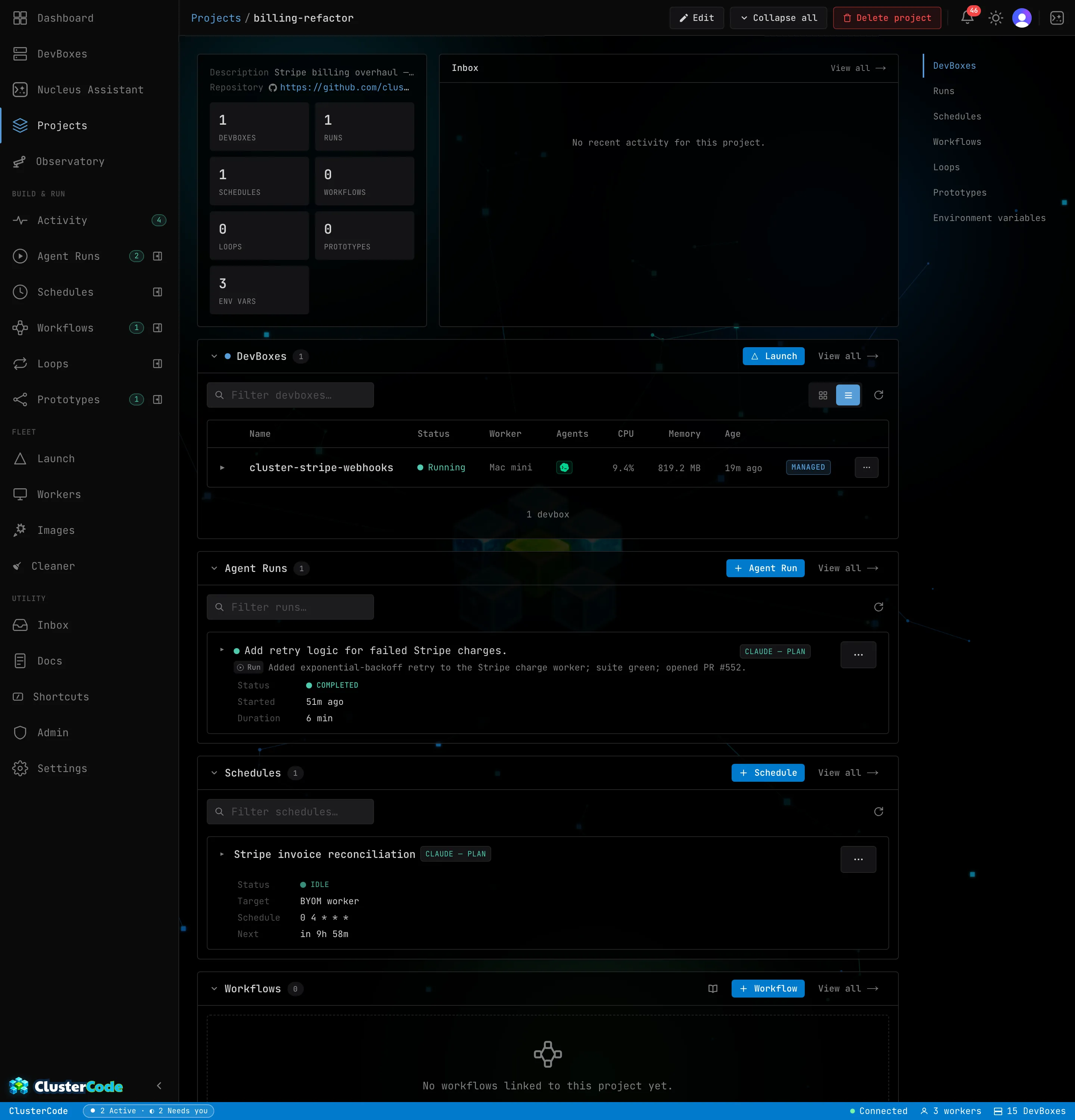 A project dashboard for one effort: a scoped inbox of notifications for just this project, collapsible sections listing the project's linked DevBoxes, runs, and schedules with create and view actions, and a project-level environment variables section for the vars every launch inherits.