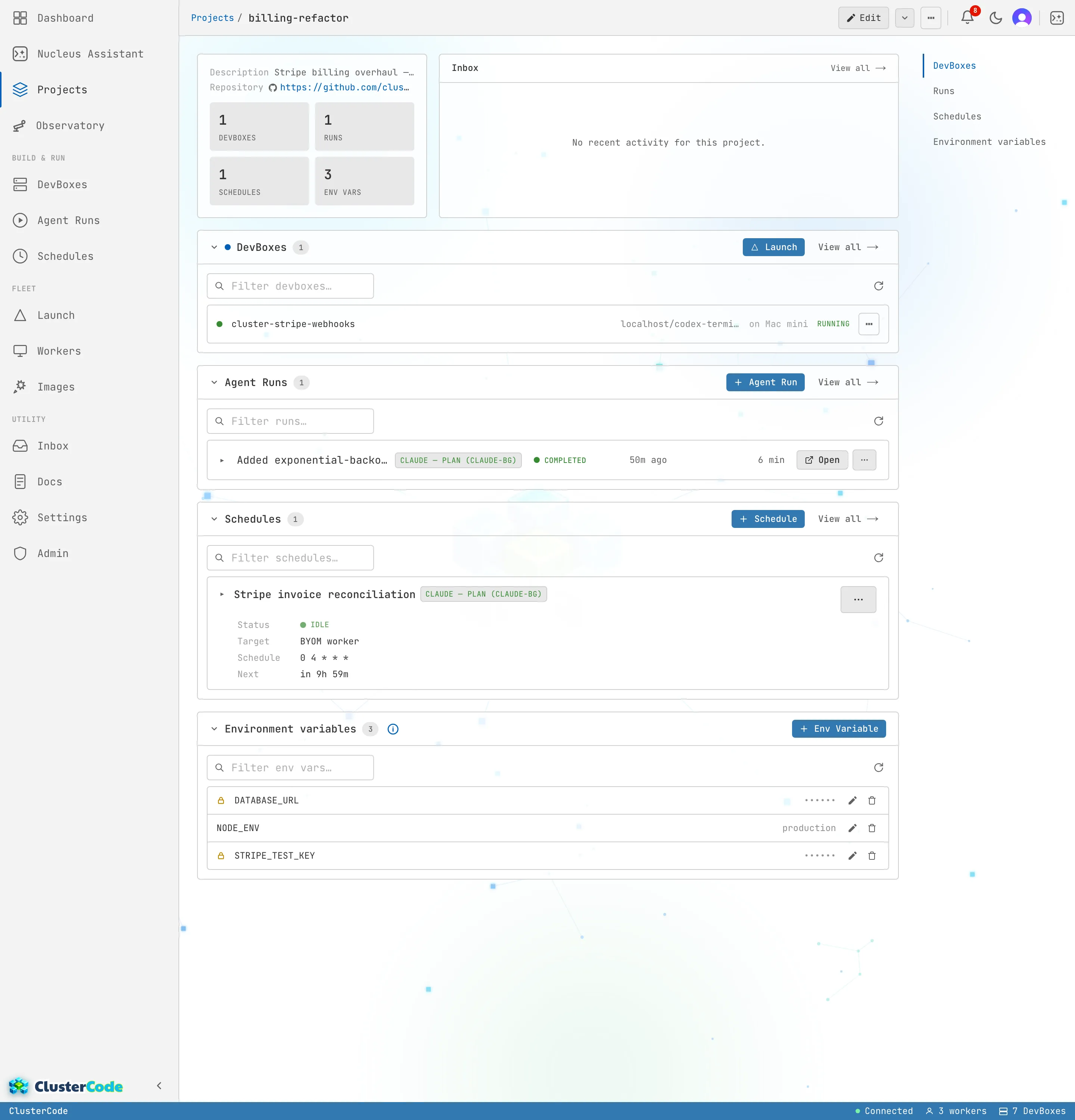 A project dashboard for one effort: a scoped inbox of notifications for just this project, collapsible sections listing the project's linked DevBoxes, runs, and schedules with create and view actions, and a project-level environment variables section for the vars every launch inherits.