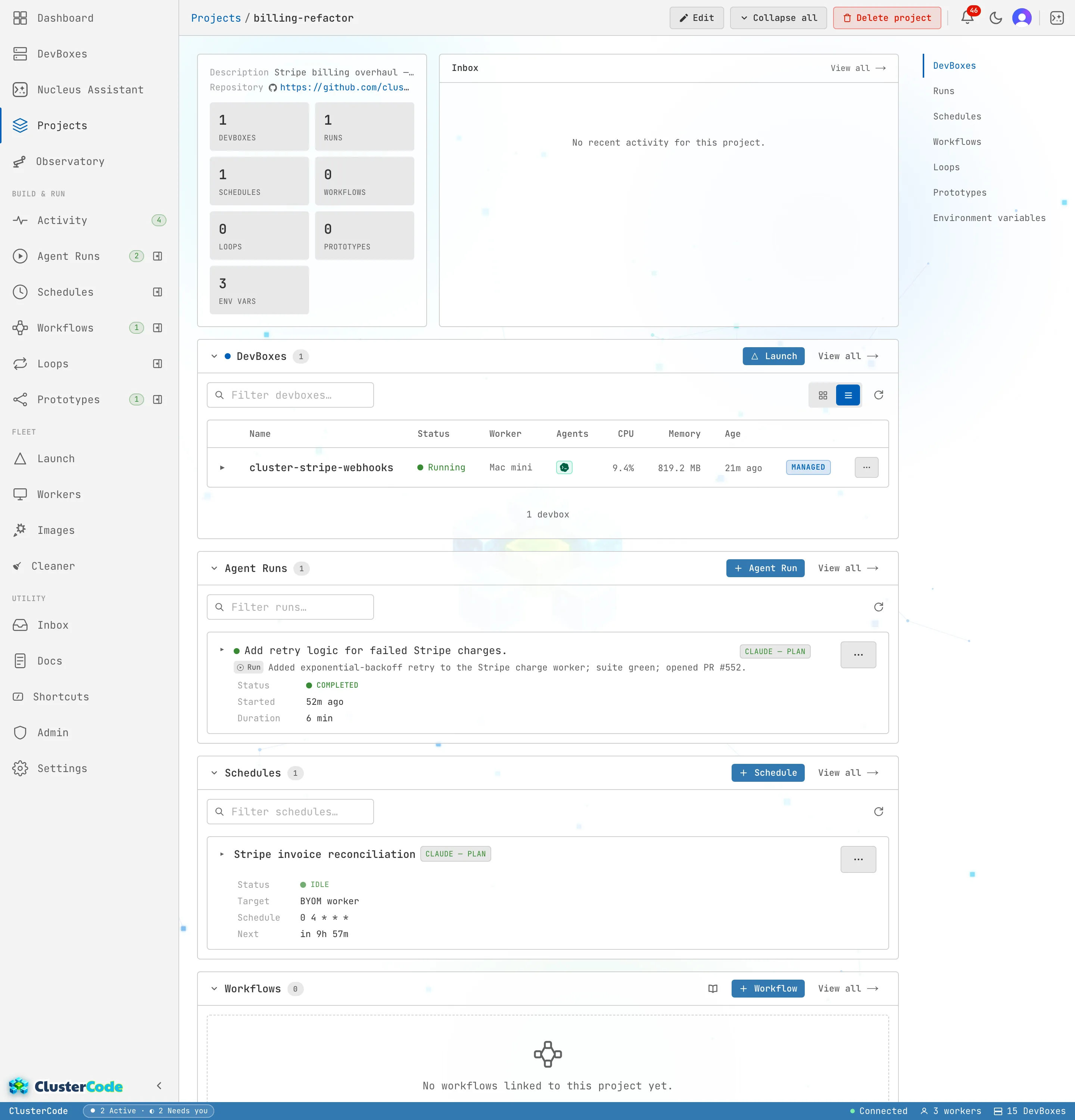 A project dashboard for one effort: a scoped inbox of notifications for just this project, collapsible sections listing the project's linked DevBoxes, runs, and schedules with create and view actions, and a project-level environment variables section for the vars every launch inherits.