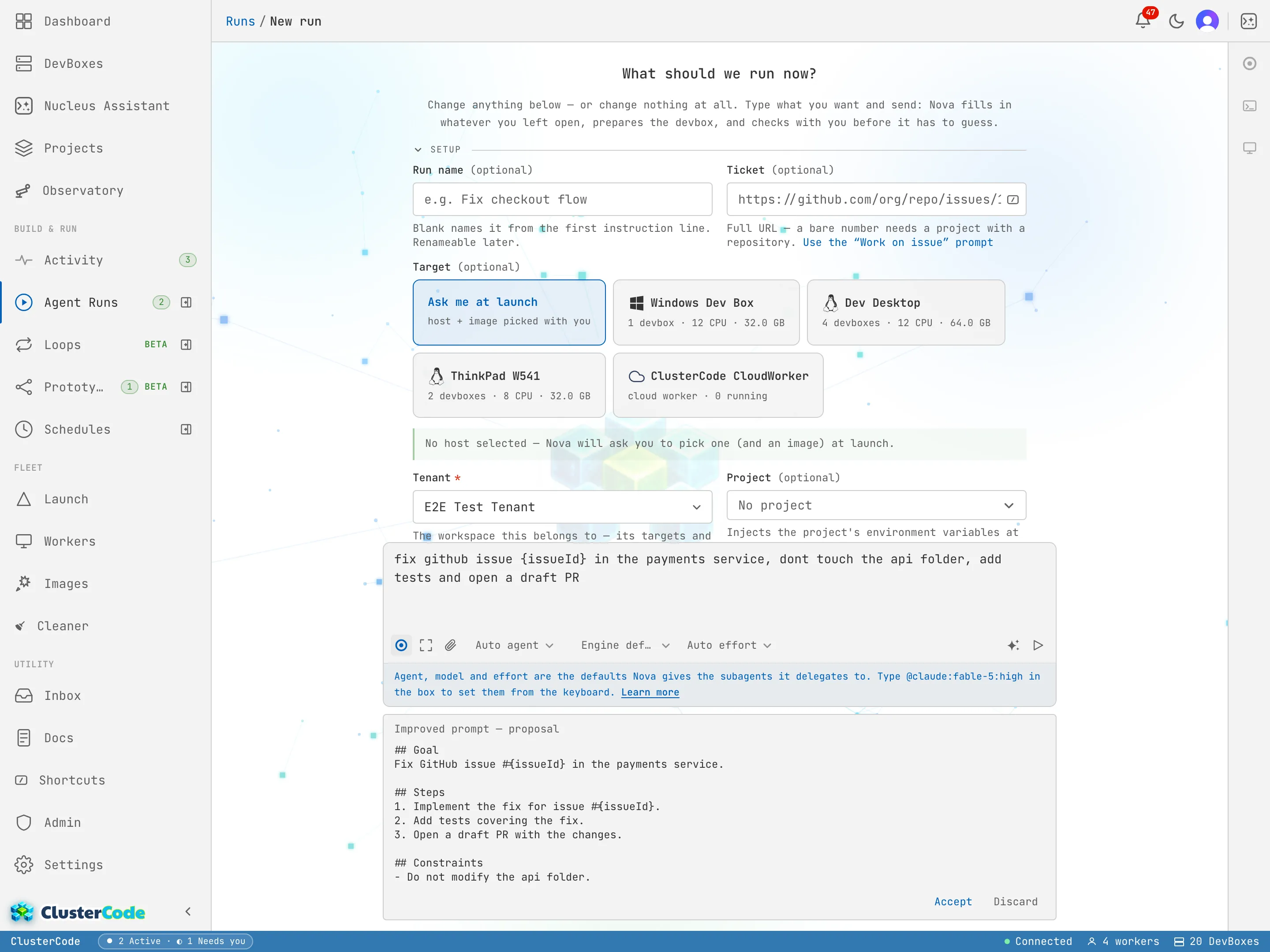 The New run composer with a one-line draft above and the improver's proposal below it: Goal, Steps and Constraints sections, the {issueId} blank preserved, and Accept / Discard buttons.