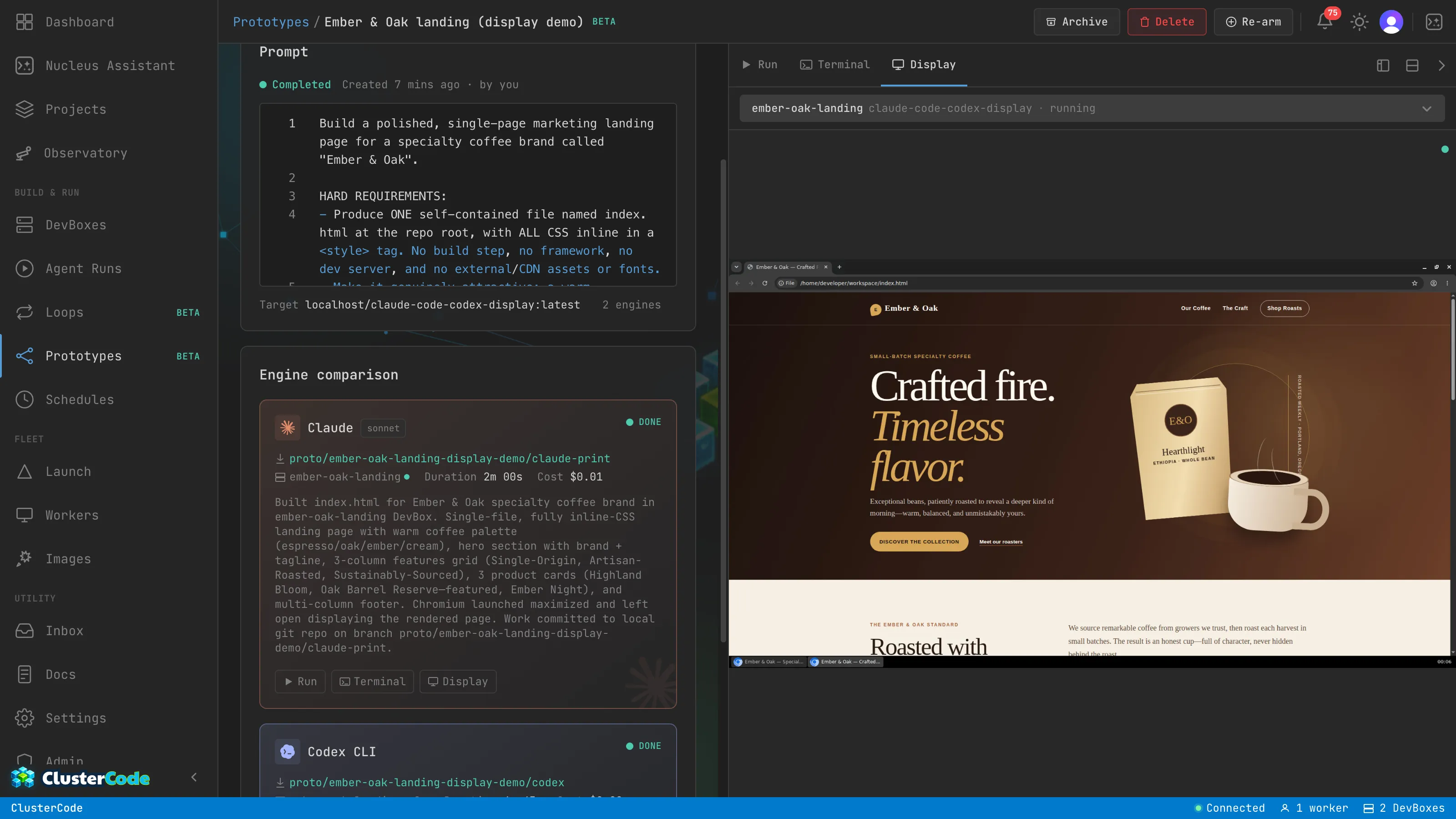 A finished two-contender prototype compared side by side on the Prototypes page: Claude (sonnet) and Codex both Done, each card showing its branch, duration, and real dollar cost with the agent's own summary — and the shared side panel opened on Display, streaming the live desktop of a finished DevBox with the coffee-brand landing page that contender actually built rendered in the browser.