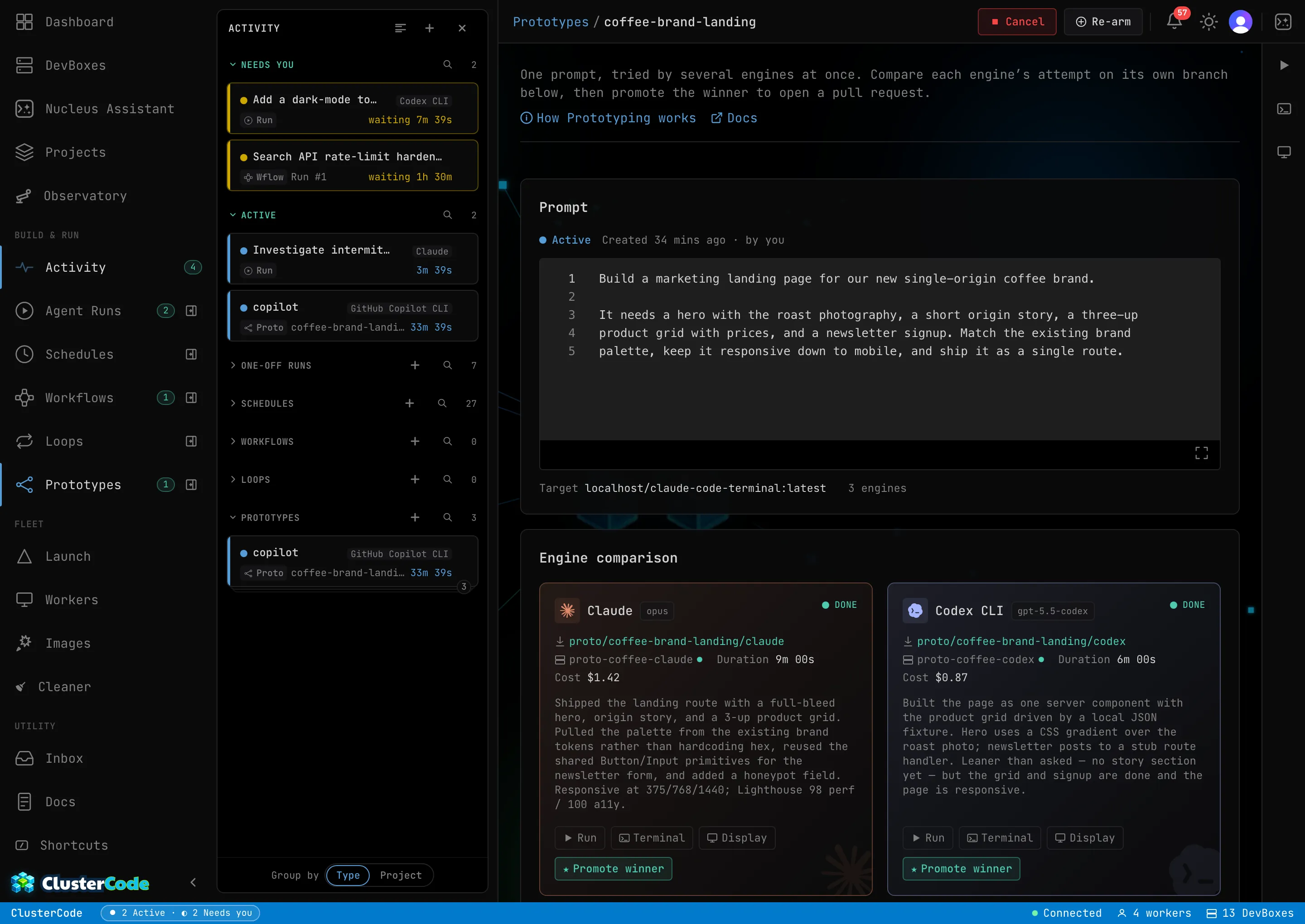 A finished two-contender prototype compared side by side on the Prototypes page: Claude (sonnet) and Codex both Done, each card showing its branch, duration, and real dollar cost with the agent's own summary — and the shared side panel opened on Display, streaming the live desktop of a finished DevBox with the coffee-brand landing page that contender actually built rendered in the browser.