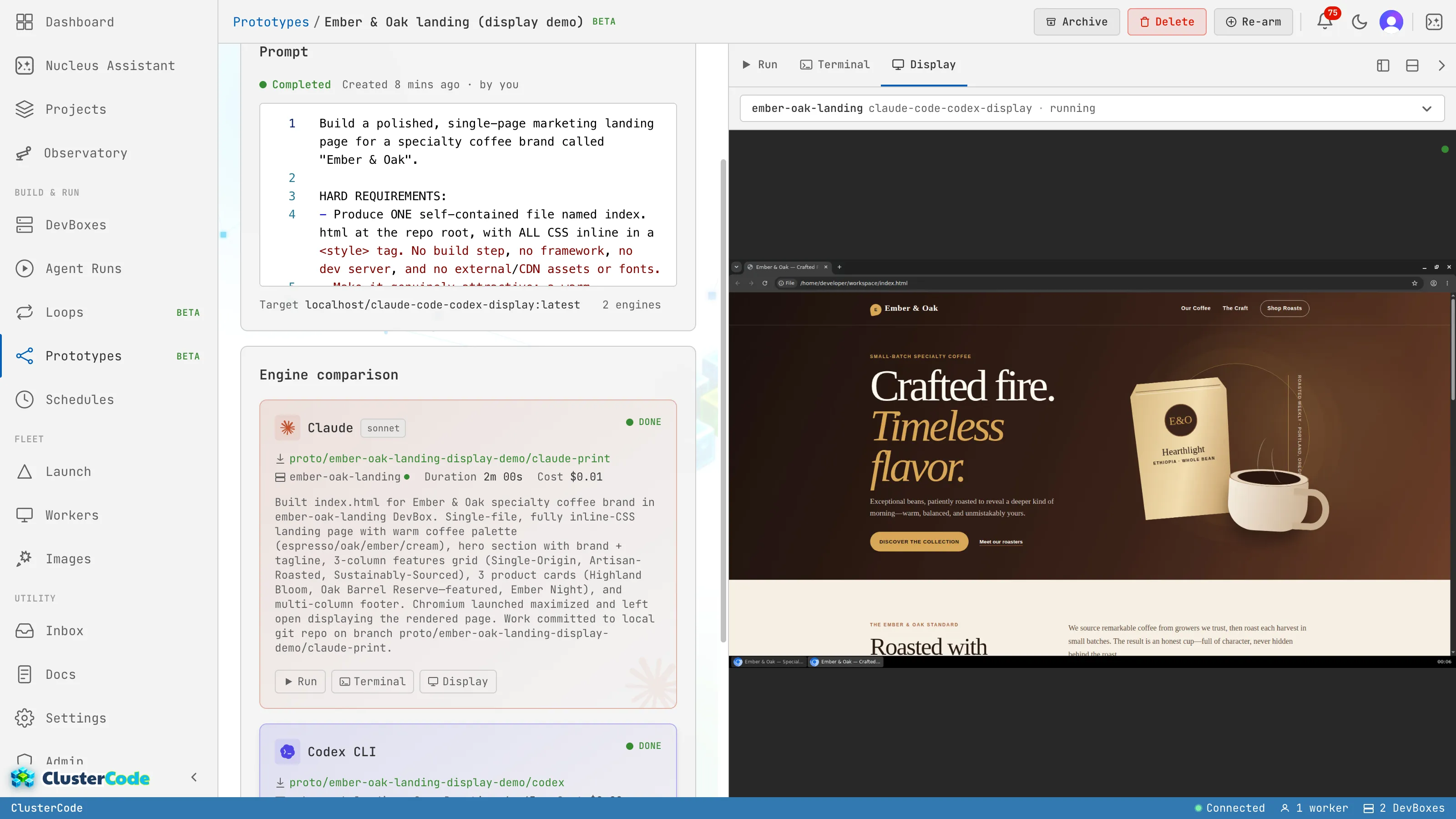 A finished two-contender prototype compared side by side on the Prototypes page: Claude (sonnet) and Codex both Done, each card showing its branch, duration, and real dollar cost with the agent's own summary — and the shared side panel opened on Display, streaming the live desktop of a finished DevBox with the coffee-brand landing page that contender actually built rendered in the browser.