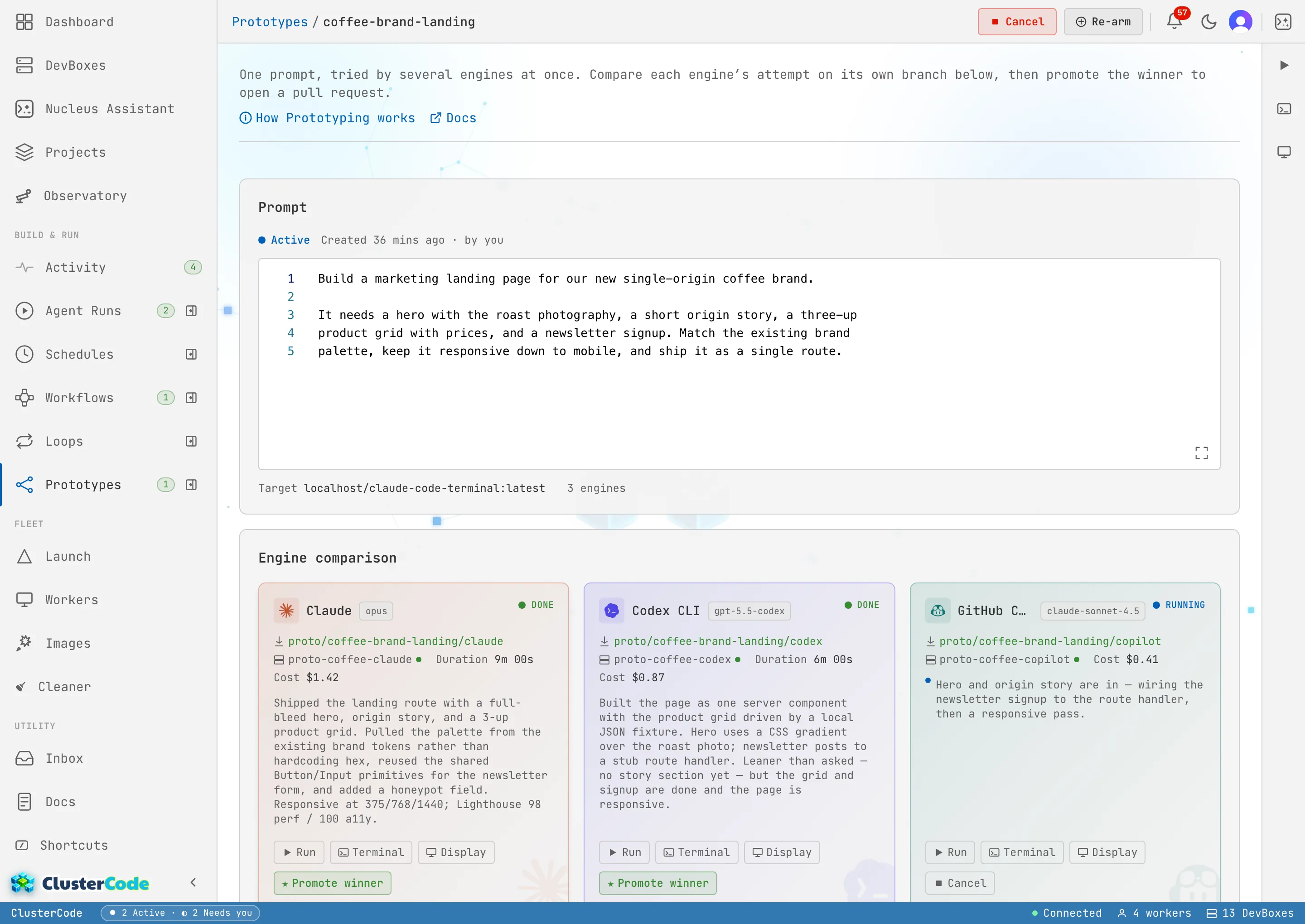 A finished two-contender prototype compared side by side on the Prototypes page: Claude (sonnet) and Codex both Done, each card showing its branch, duration, and real dollar cost with the agent's own summary — and the shared side panel opened on Display, streaming the live desktop of a finished DevBox with the coffee-brand landing page that contender actually built rendered in the browser.