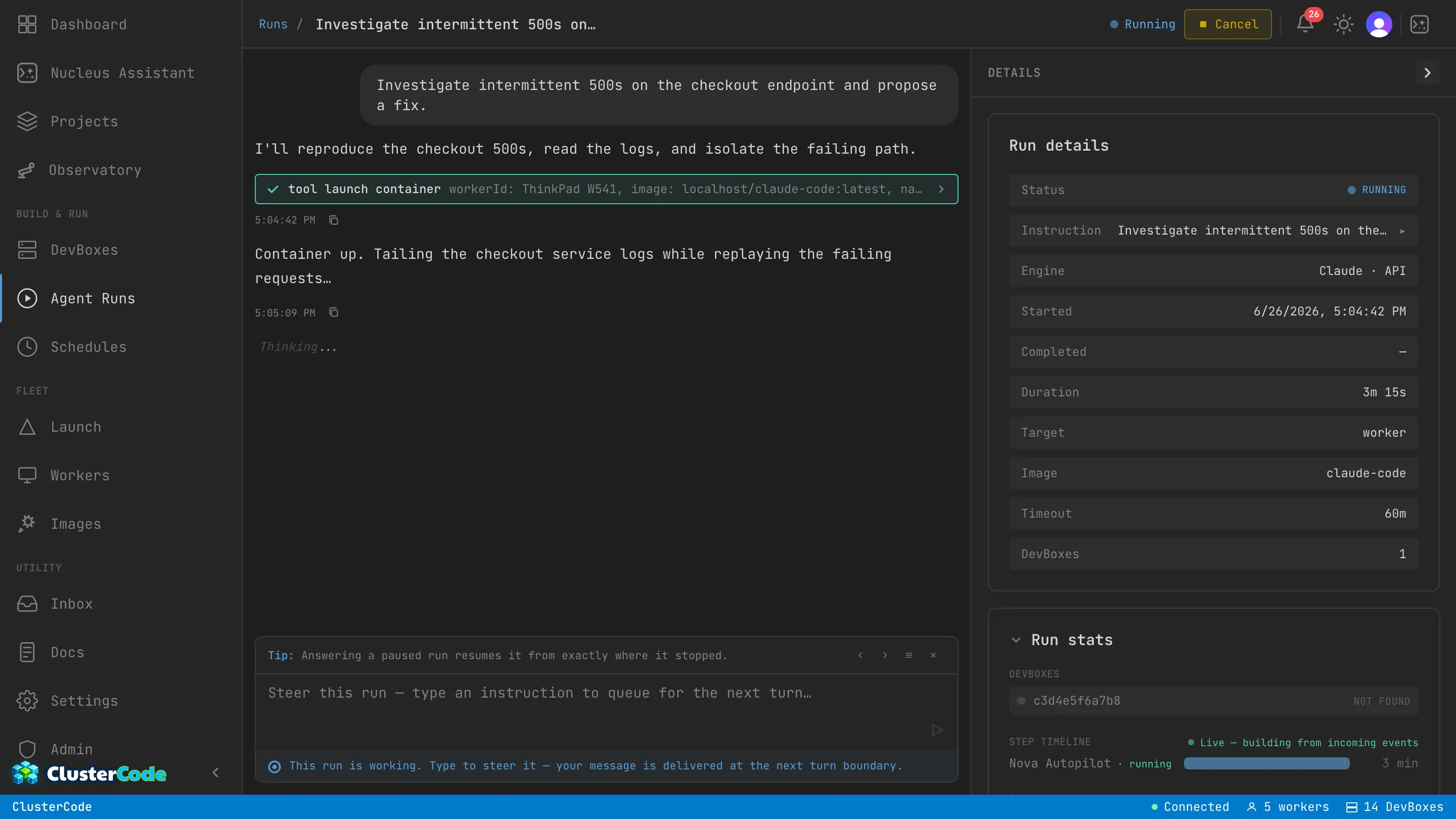 A running Run with its chat composer at the bottom — placeholder 'Steer this run — type an instruction to queue for the next turn' — and a note that the message is delivered at the next turn boundary, alongside the live Run details panel.