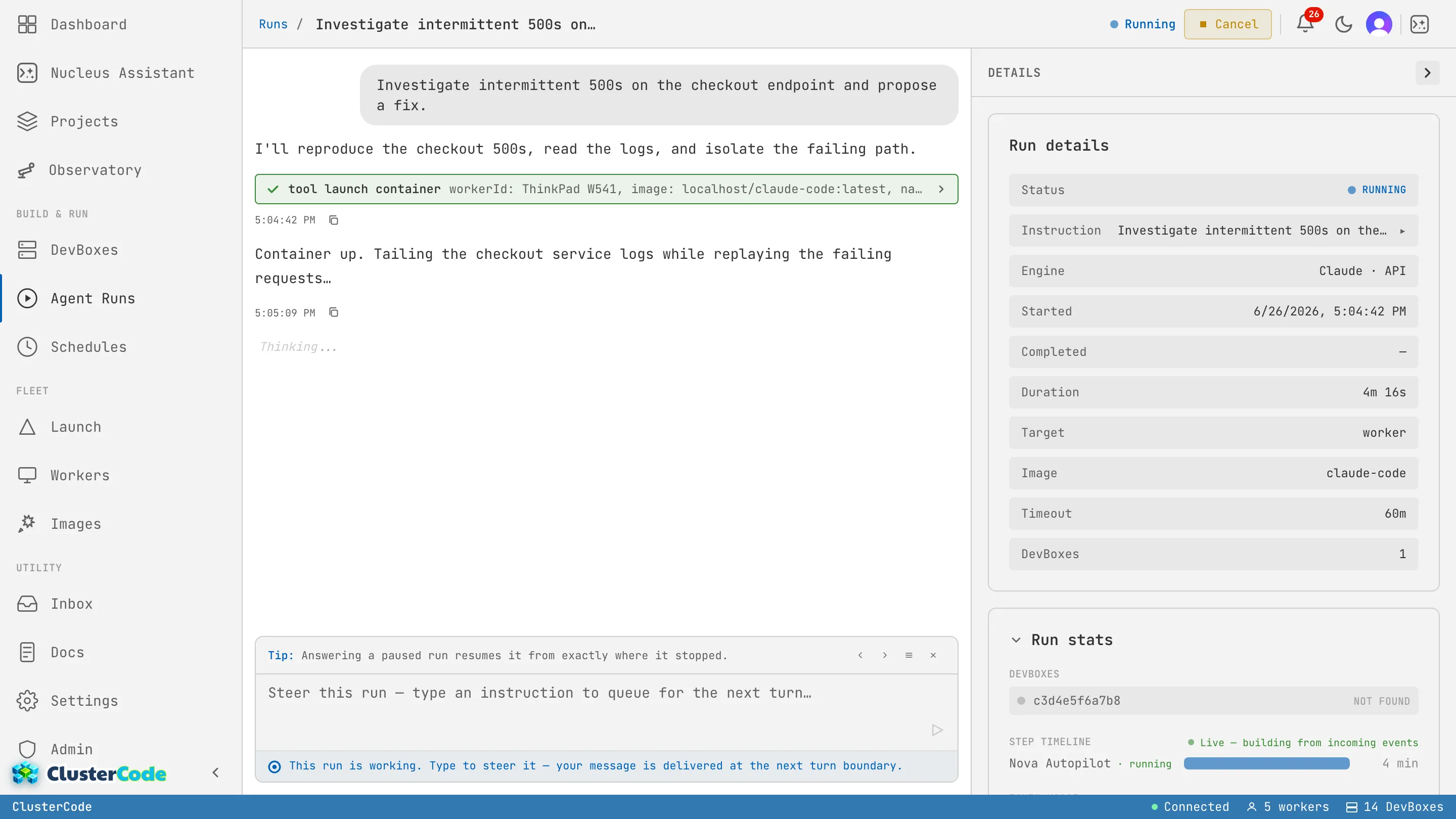 A running Run with its chat composer at the bottom — placeholder 'Steer this run — type an instruction to queue for the next turn' — and a note that the message is delivered at the next turn boundary, alongside the live Run details panel.