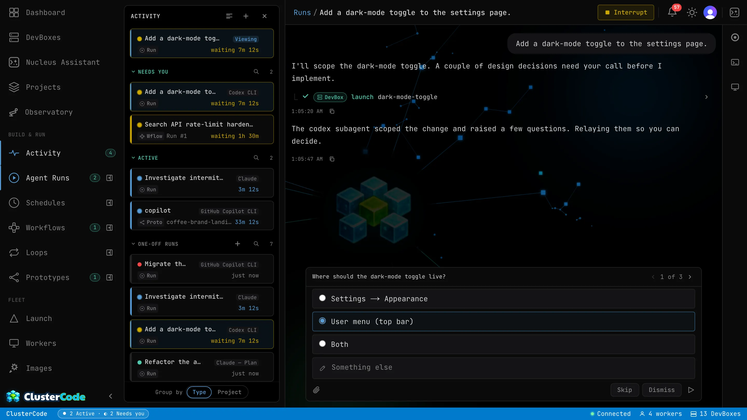 A paused Run showing the 'Needs you' status and a question panel: 'Where should the dark-mode toggle live?' with single-select options and a free-text escape — the first of three questions.