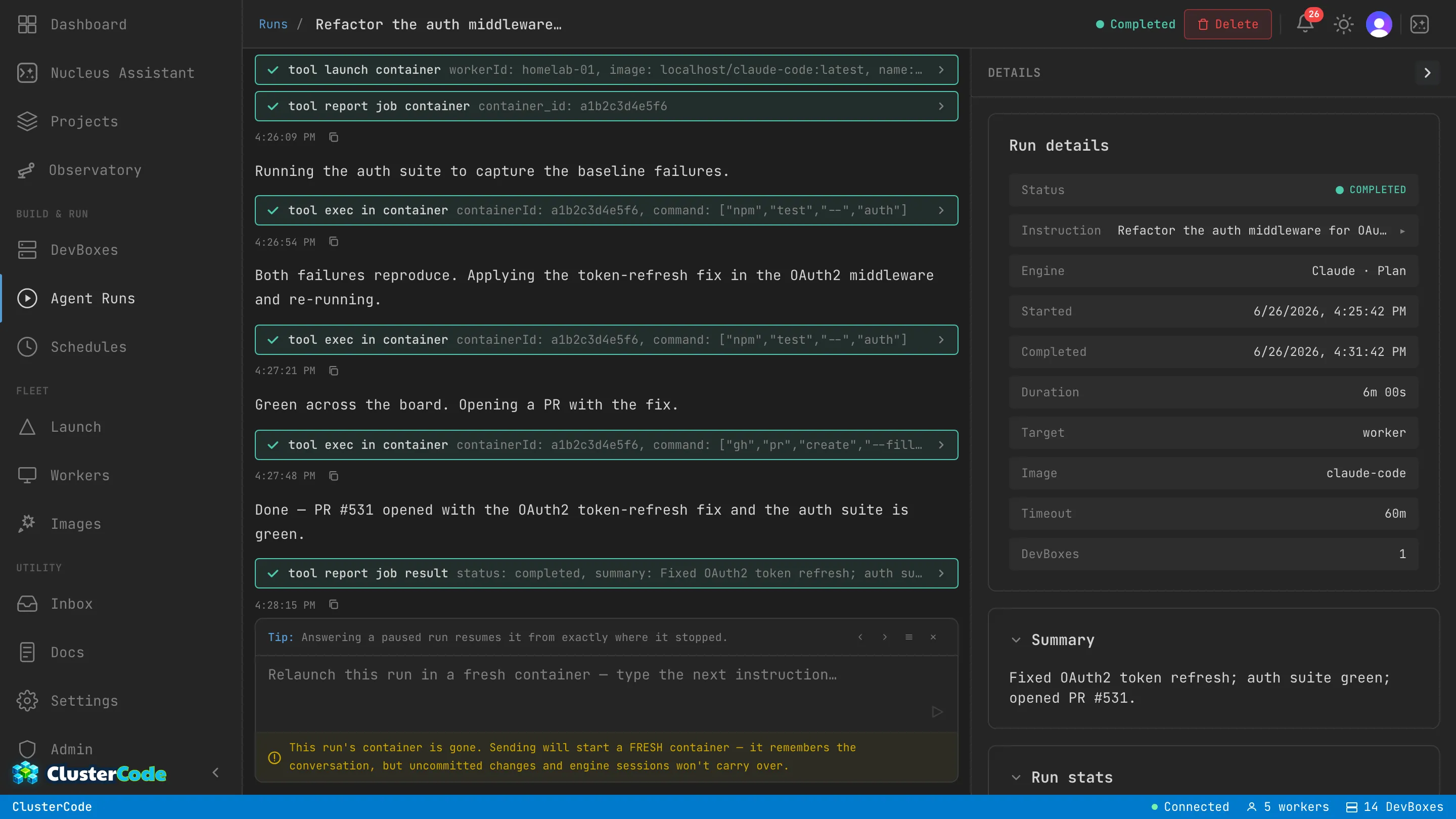 A completed Run's timeline: assistant messages interleaved with tool steps — launching a DevBox, running the test suite, then opening a PR — with a Run details panel showing the engine (Claude Code — Plan), duration, and summary.