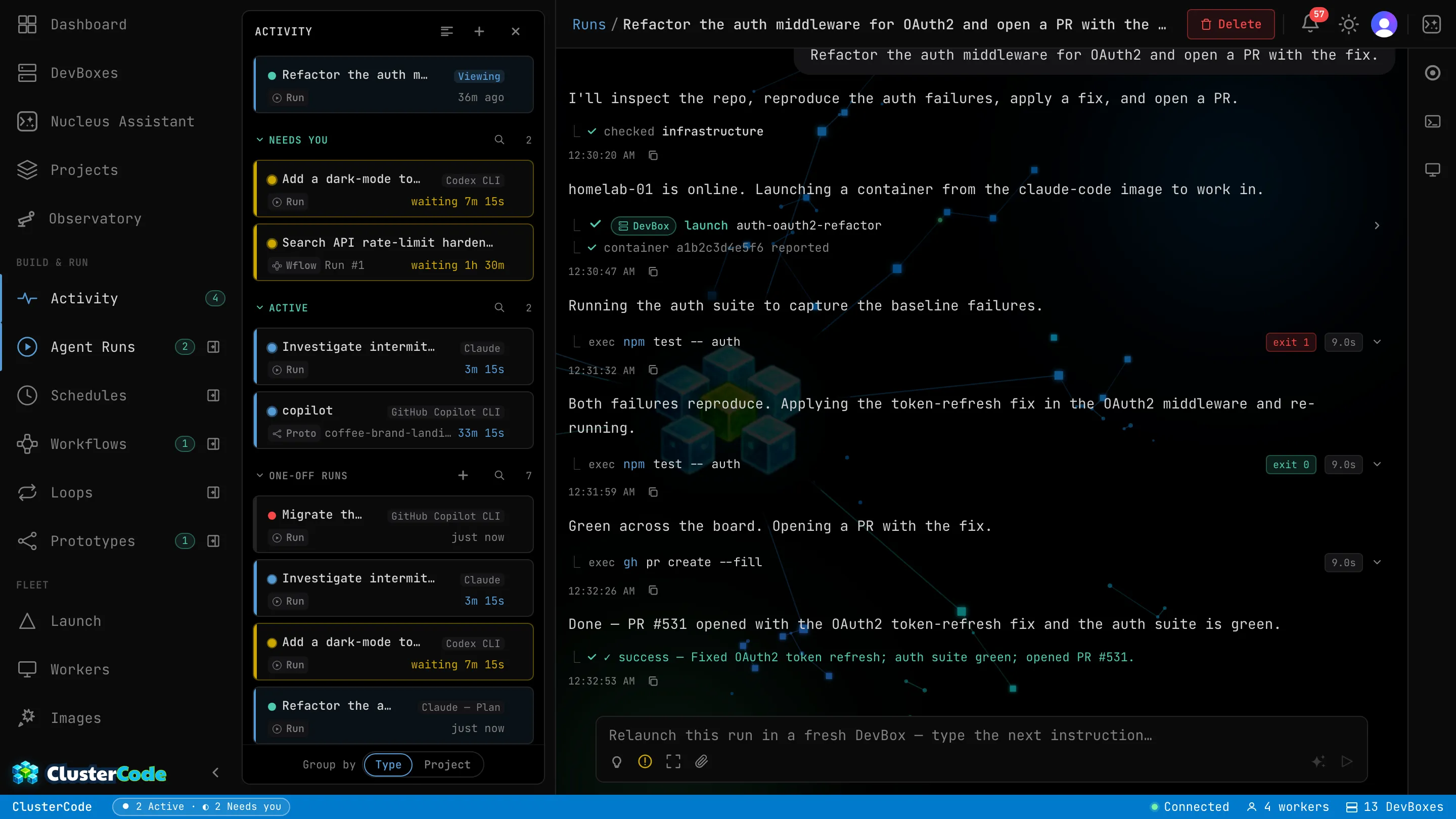 A completed Run's timeline: assistant messages interleaved with tool steps — launching a DevBox, running the test suite, then opening a PR — with a Run details panel showing the engine (Claude Code — Plan), duration, and summary.