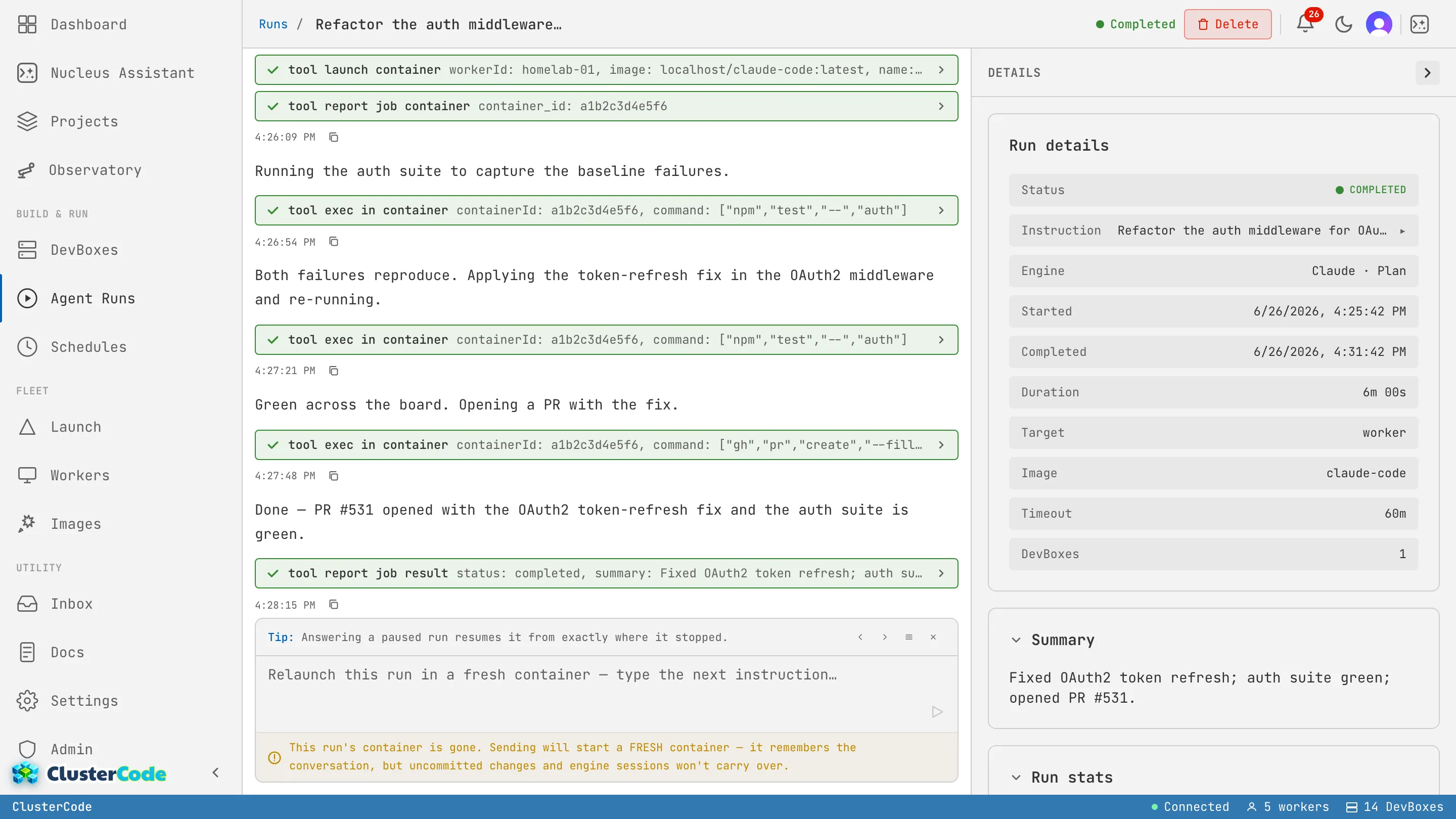 A completed Run's timeline: assistant messages interleaved with tool steps — launching a DevBox, running the test suite, then opening a PR — with a Run details panel showing the engine (Claude Code — Plan), duration, and summary.