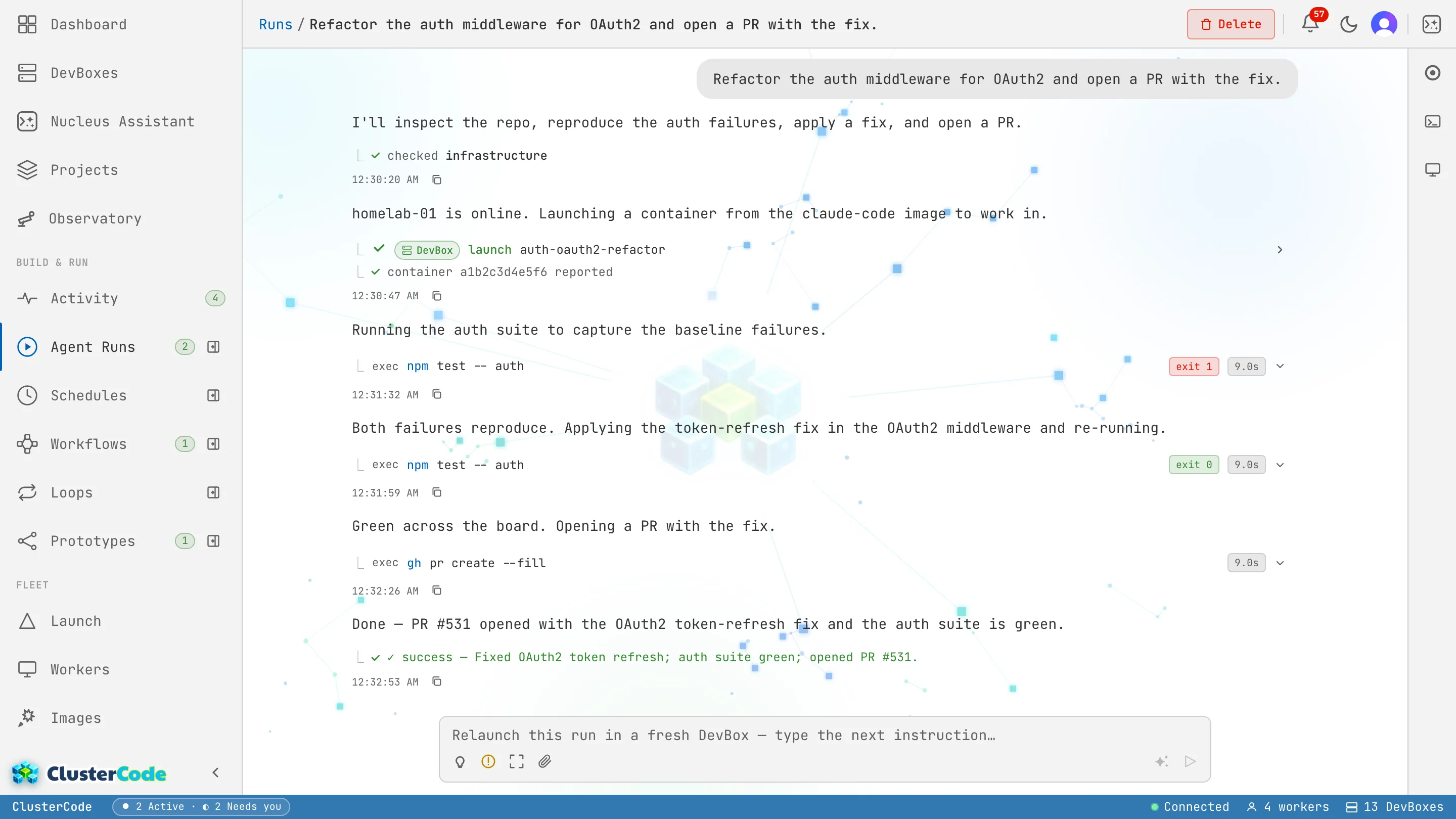A completed Run's timeline: assistant messages interleaved with tool steps — launching a DevBox, running the test suite, then opening a PR — with a Run details panel showing the engine (Claude Code — Plan), duration, and summary.