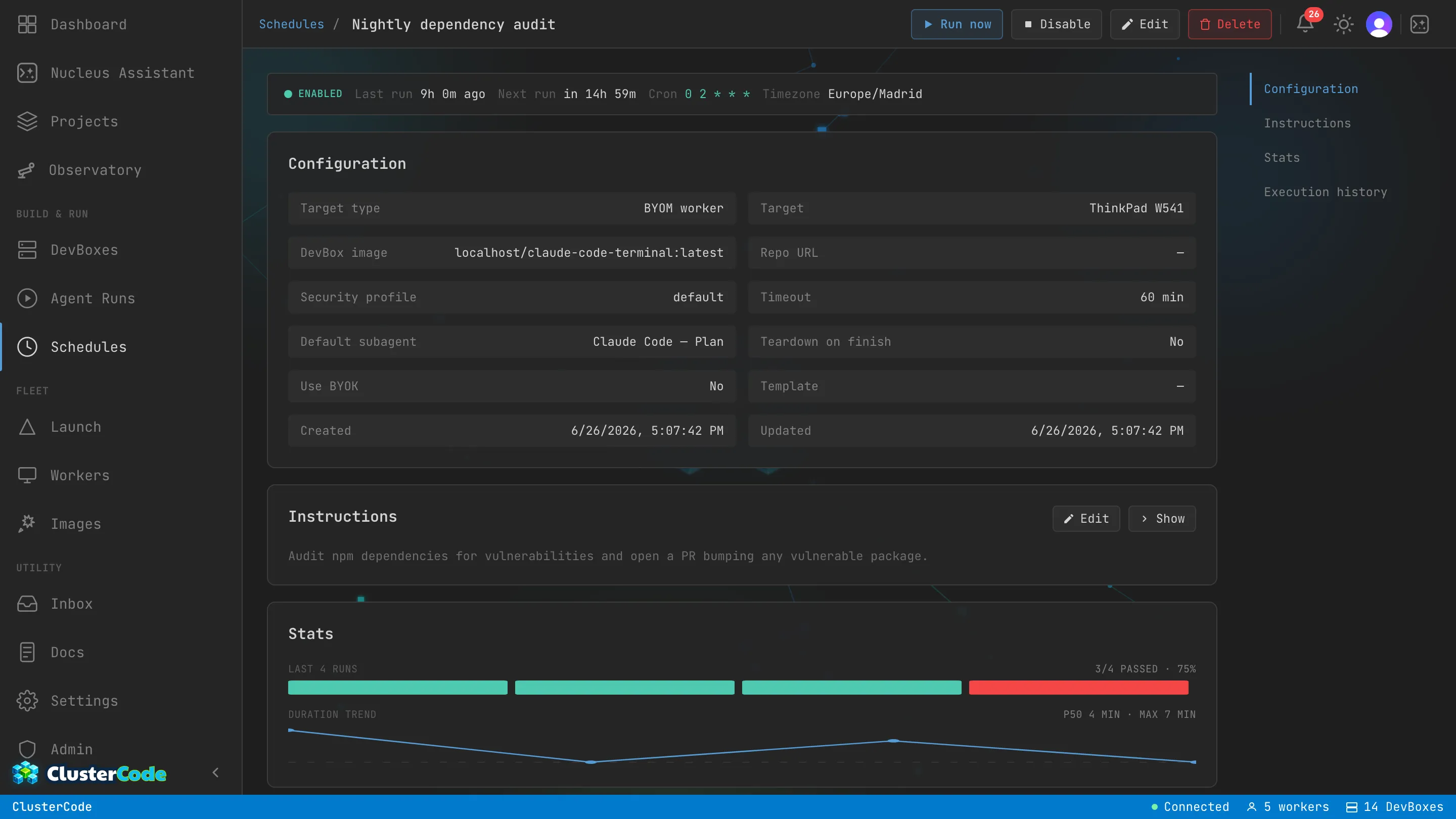 A schedule's detail page: configuration (target worker, image, engine, cadence), the instruction prompt, and a Stats panel showing '3 of 4 runs passed — 75%' with a duration-trend sparkline; Execution history in the side nav.