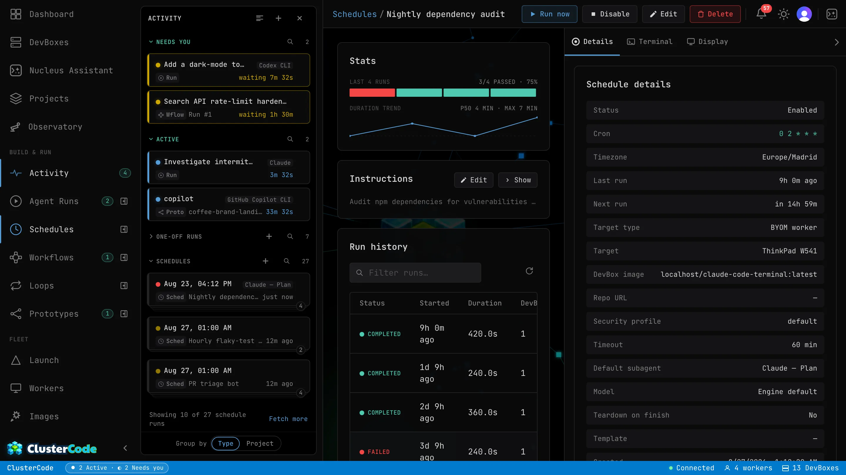 A schedule's detail page: configuration (target worker, image, engine, cadence), the instruction prompt, and a Stats panel showing '3 of 4 runs passed — 75%' with a duration-trend sparkline; Execution history in the side nav.