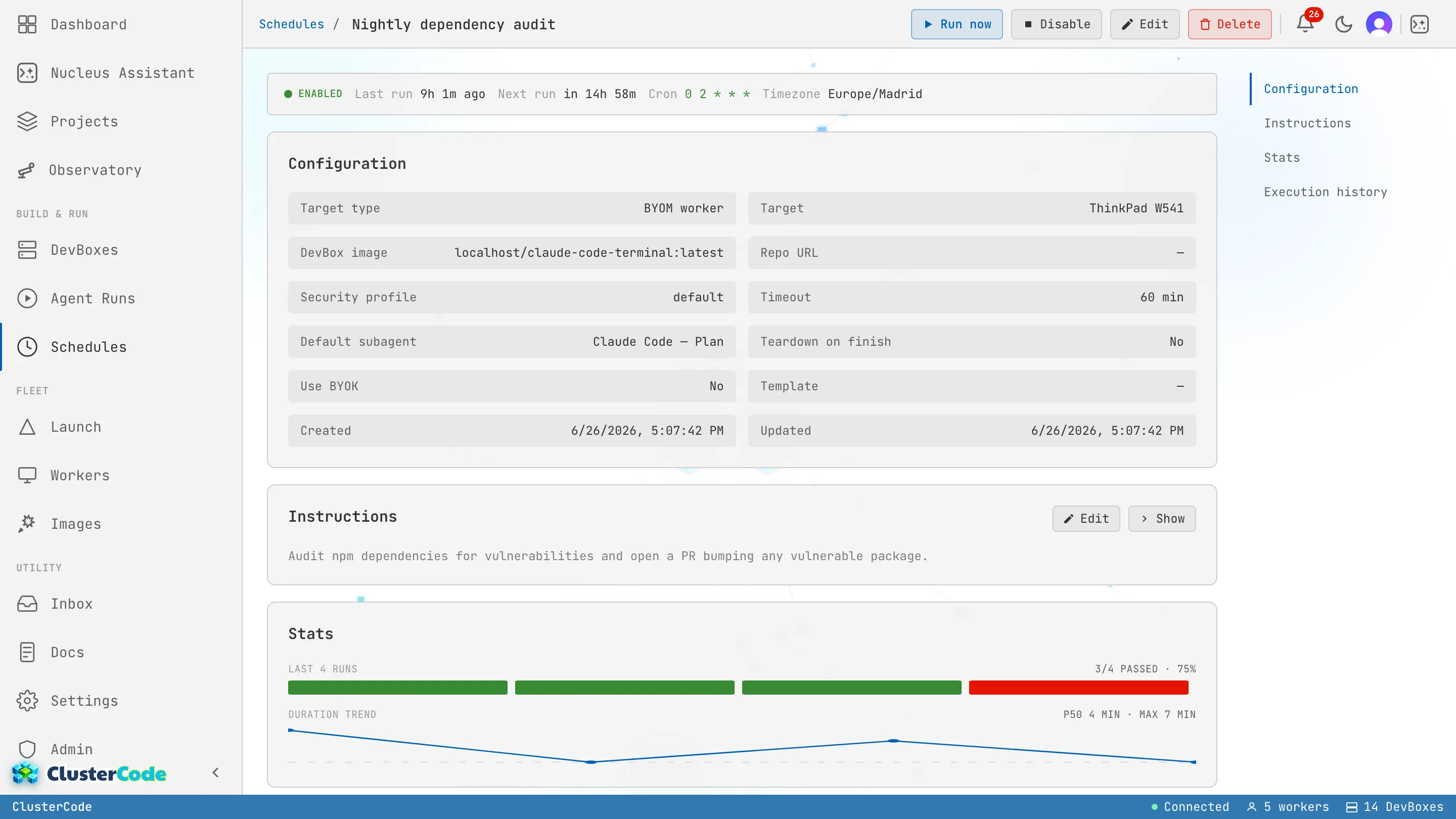 A schedule's detail page: configuration (target worker, image, engine, cadence), the instruction prompt, and a Stats panel showing '3 of 4 runs passed — 75%' with a duration-trend sparkline; Execution history in the side nav.