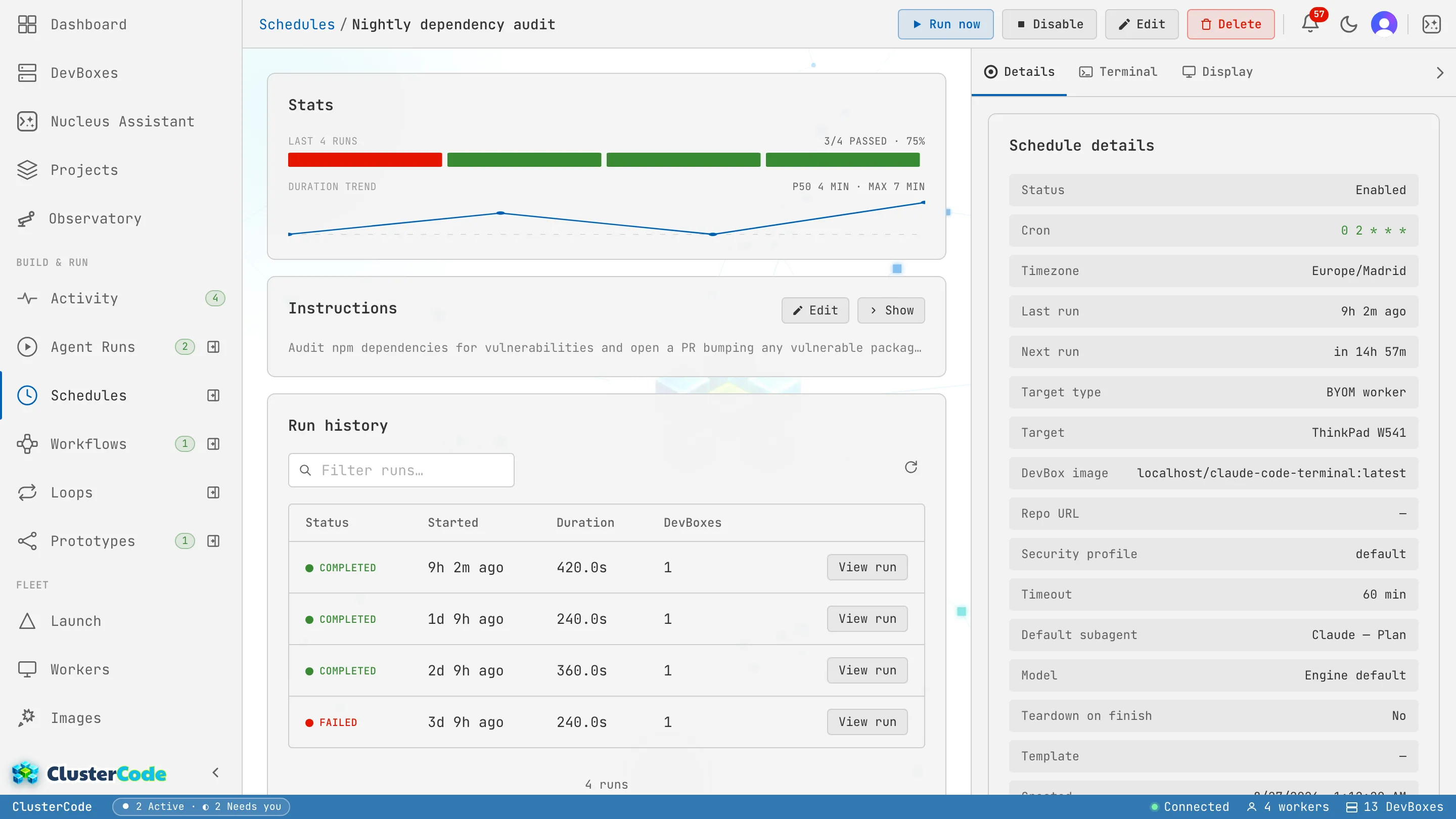 A schedule's detail page: configuration (target worker, image, engine, cadence), the instruction prompt, and a Stats panel showing '3 of 4 runs passed — 75%' with a duration-trend sparkline; Execution history in the side nav.