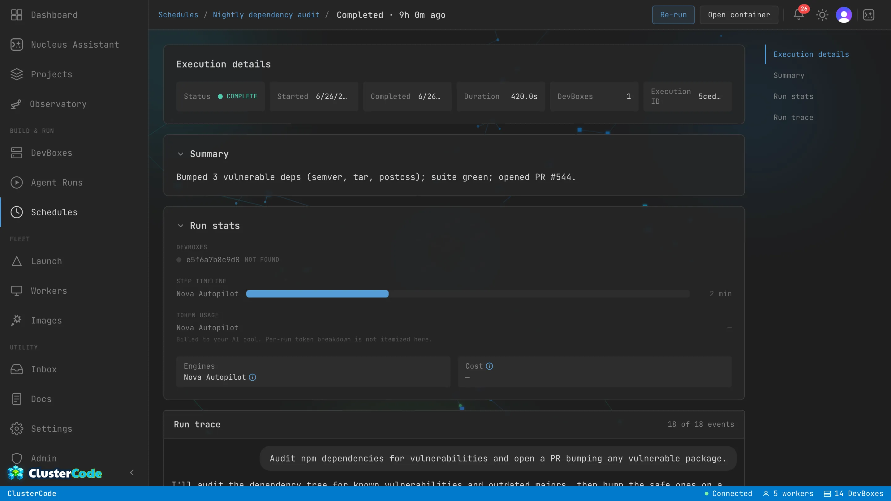 A schedule execution's timeline: breadcrumb 'Schedules / Nightly dependency audit / Completed', an Execution details strip (status, duration, DevBox count), a one-line Summary ('bumped 3 vulnerable deps, suite green, opened PR #544'), Run stats, and the Run trace listing each assistant message and tool step.