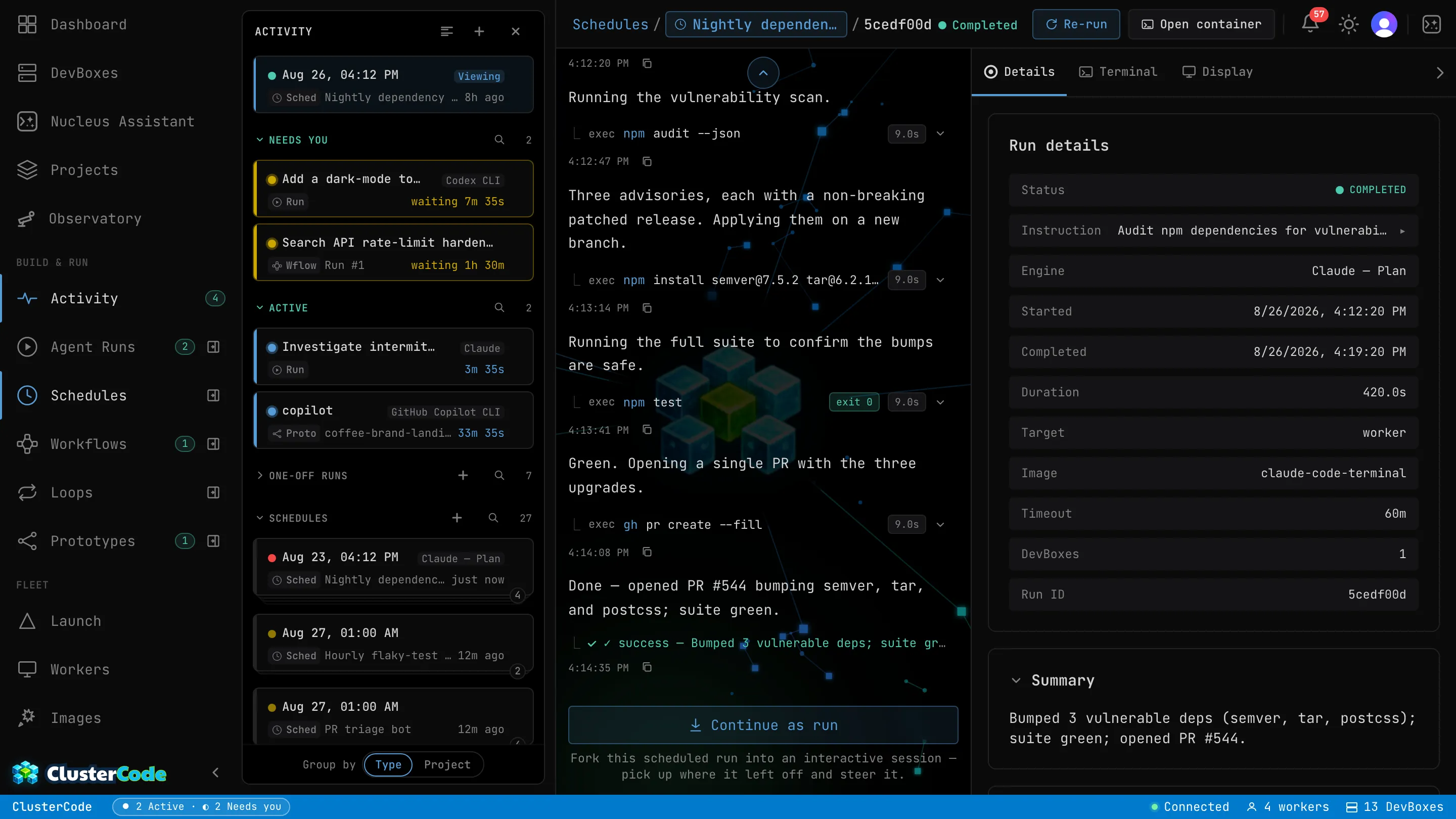 A schedule execution's timeline: breadcrumb 'Schedules / Nightly dependency audit / Completed', an Execution details strip (status, duration, DevBox count), a one-line Summary ('bumped 3 vulnerable deps, suite green, opened PR #544'), Run stats, and the Run trace listing each assistant message and tool step.