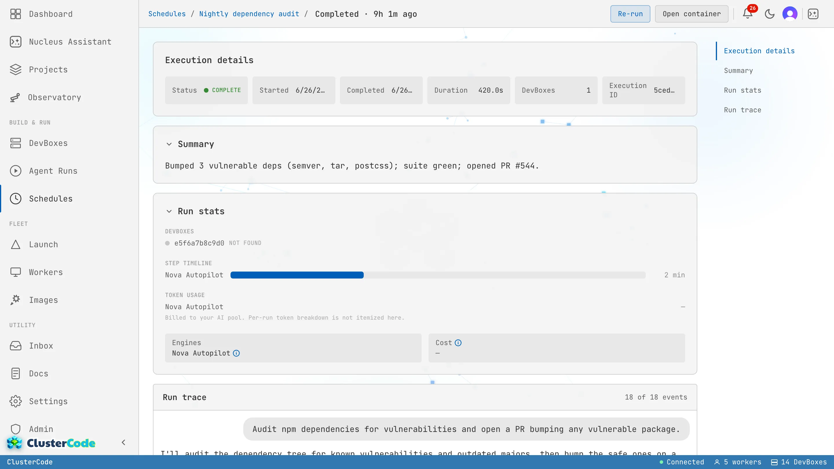 A schedule execution's timeline: breadcrumb 'Schedules / Nightly dependency audit / Completed', an Execution details strip (status, duration, DevBox count), a one-line Summary ('bumped 3 vulnerable deps, suite green, opened PR #544'), Run stats, and the Run trace listing each assistant message and tool step.