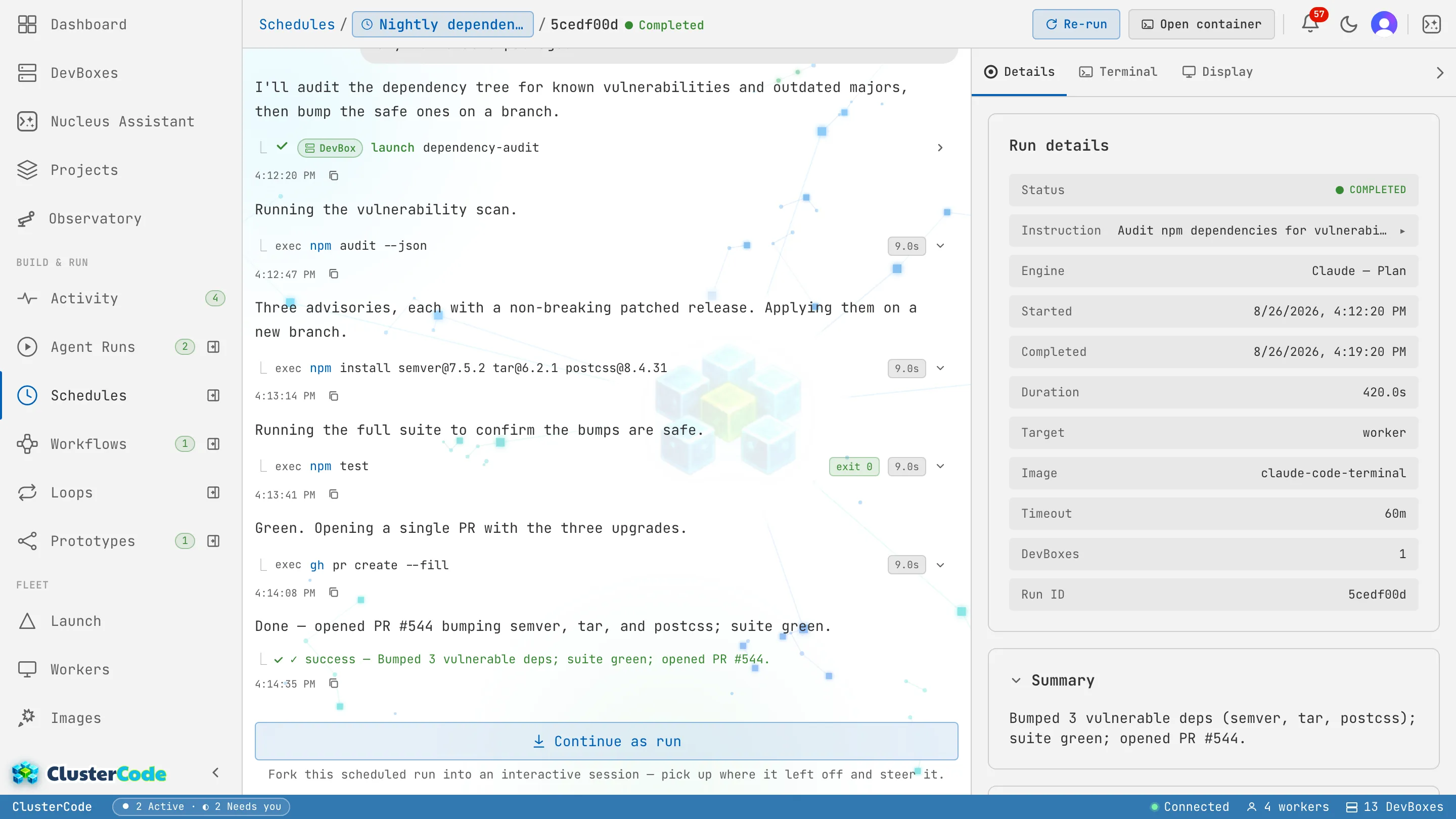 A schedule execution's timeline: breadcrumb 'Schedules / Nightly dependency audit / Completed', an Execution details strip (status, duration, DevBox count), a one-line Summary ('bumped 3 vulnerable deps, suite green, opened PR #544'), Run stats, and the Run trace listing each assistant message and tool step.