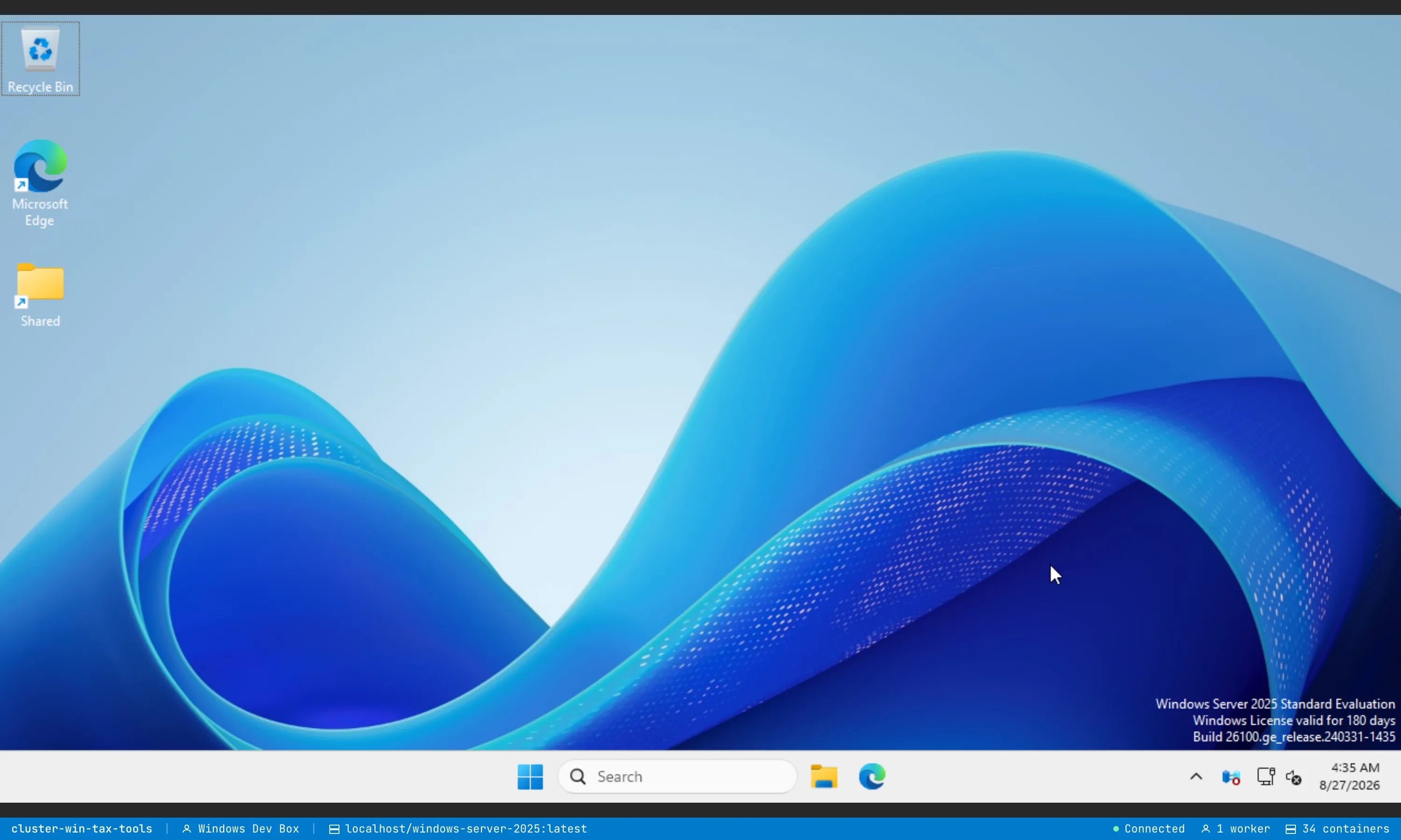 A Windows Server 2025 desktop rendered in the browser from a running DevBox, showing the wallpaper, desktop icons, the taskbar with search and Explorer, and the ClusterCode status bar naming the DevBox, its worker, and its image.