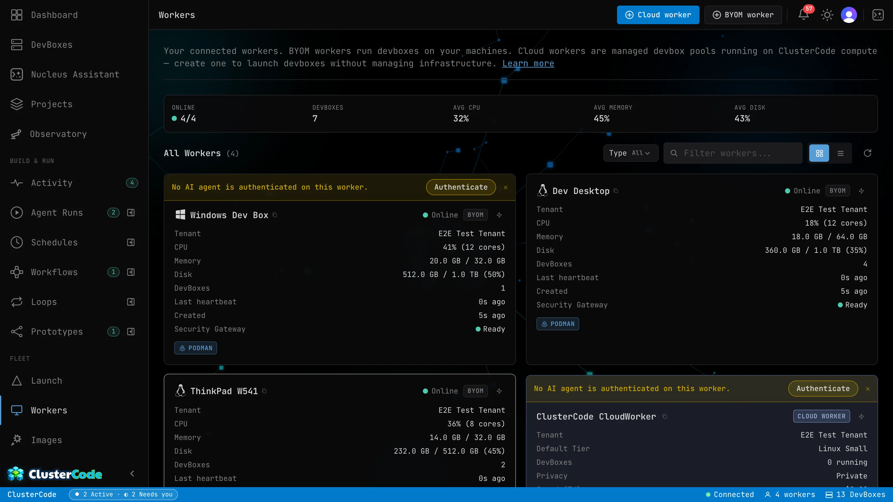 The Workers page showing three connected self-hosted workers, each card listing tenant, CPU, memory, disk, DevBox count, last heartbeat, and status.