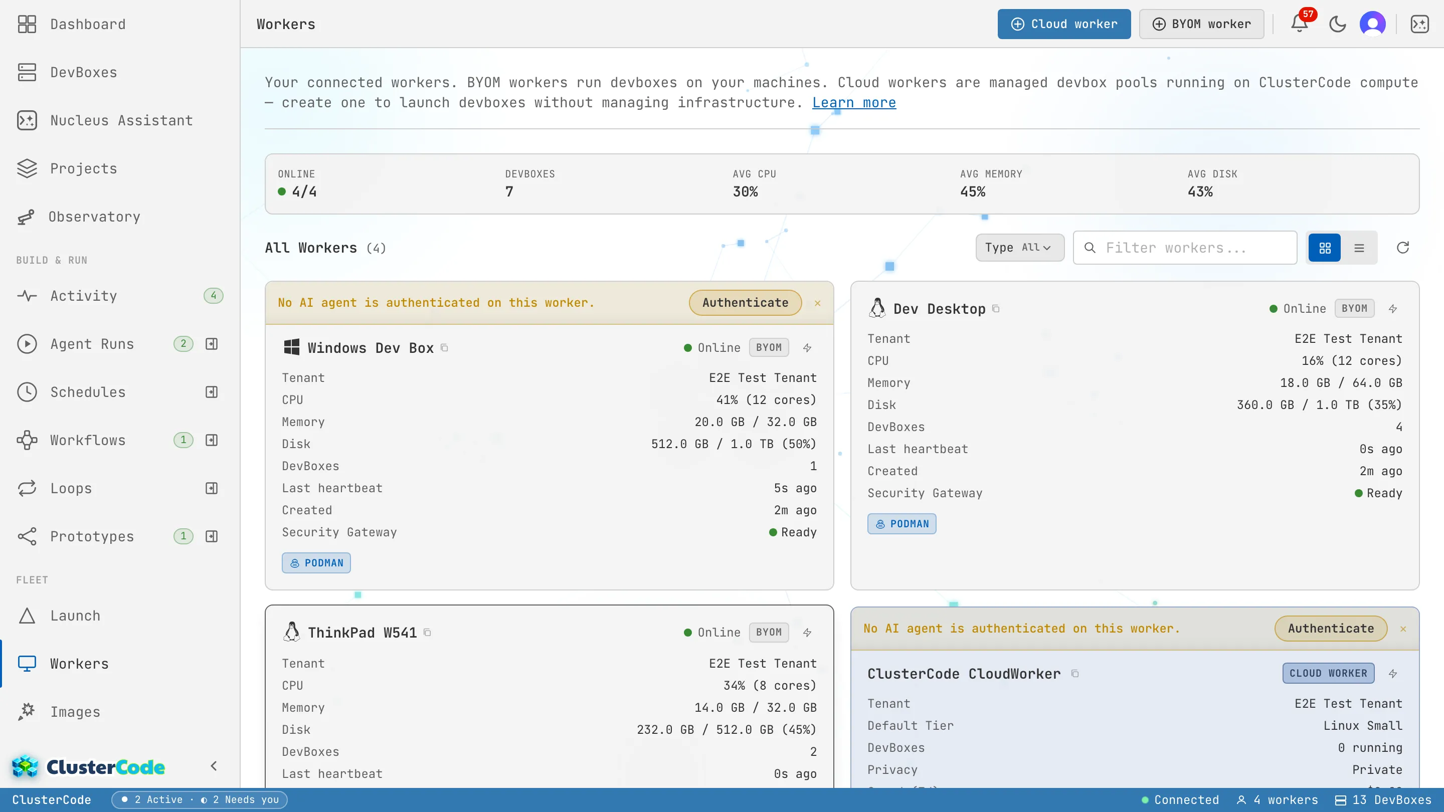 The Workers page showing three connected self-hosted workers, each card listing tenant, CPU, memory, disk, DevBox count, last heartbeat, and status.