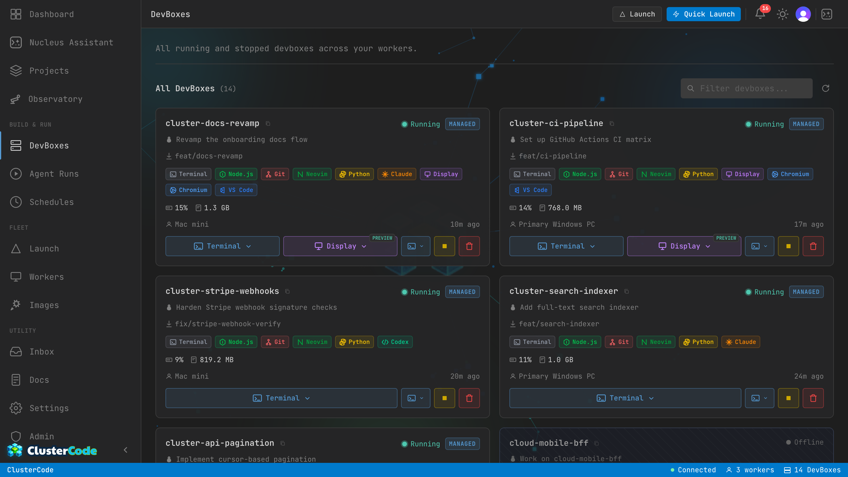 The DevBoxes page — running and stopped AI-agent DevBoxes across workers, with ticket, branch, and live resource usage.