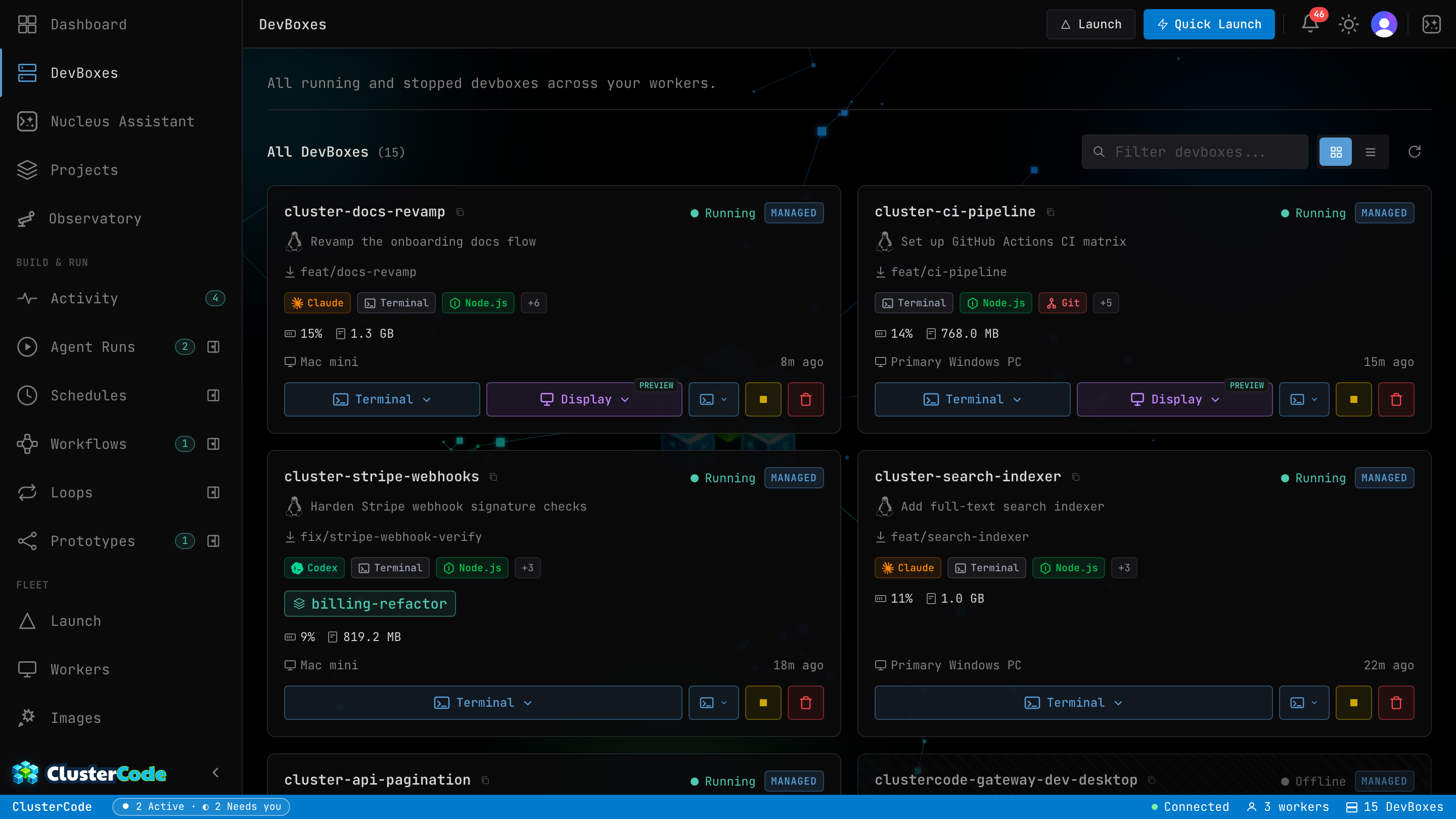 The DevBoxes page — running and stopped AI-agent DevBoxes across workers, with ticket, branch, and live resource usage.