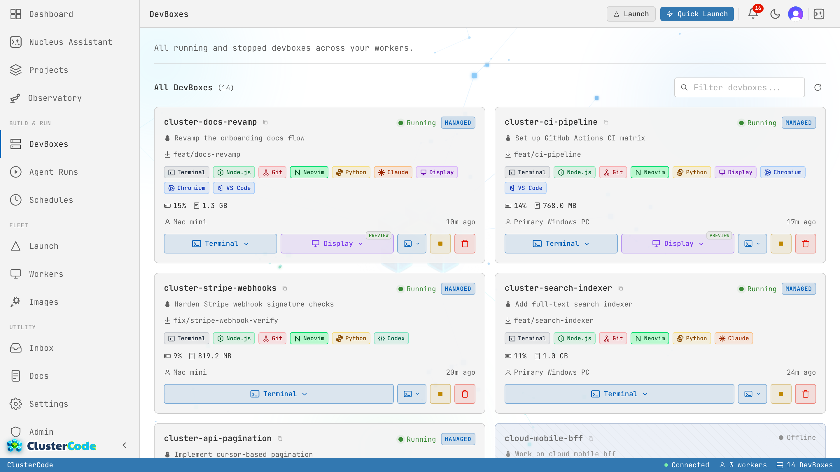 The DevBoxes page — running and stopped AI-agent DevBoxes across workers, with ticket, branch, and live resource usage.