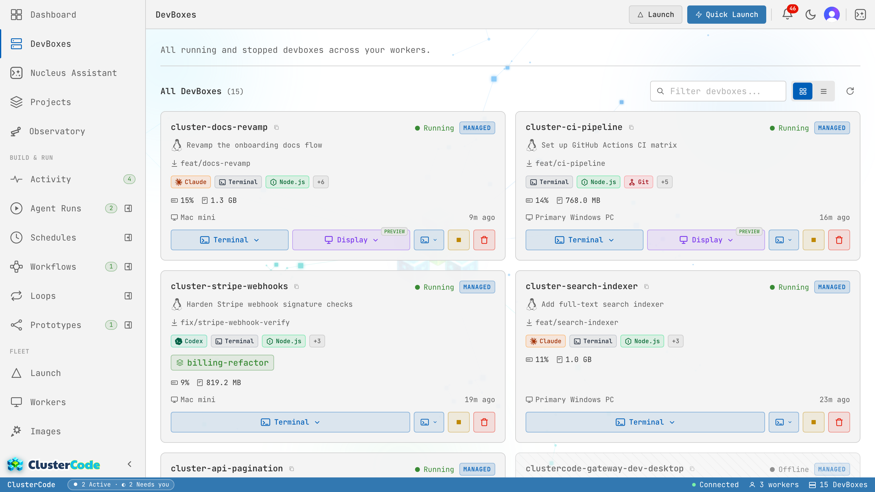 The DevBoxes page — running and stopped AI-agent DevBoxes across workers, with ticket, branch, and live resource usage.