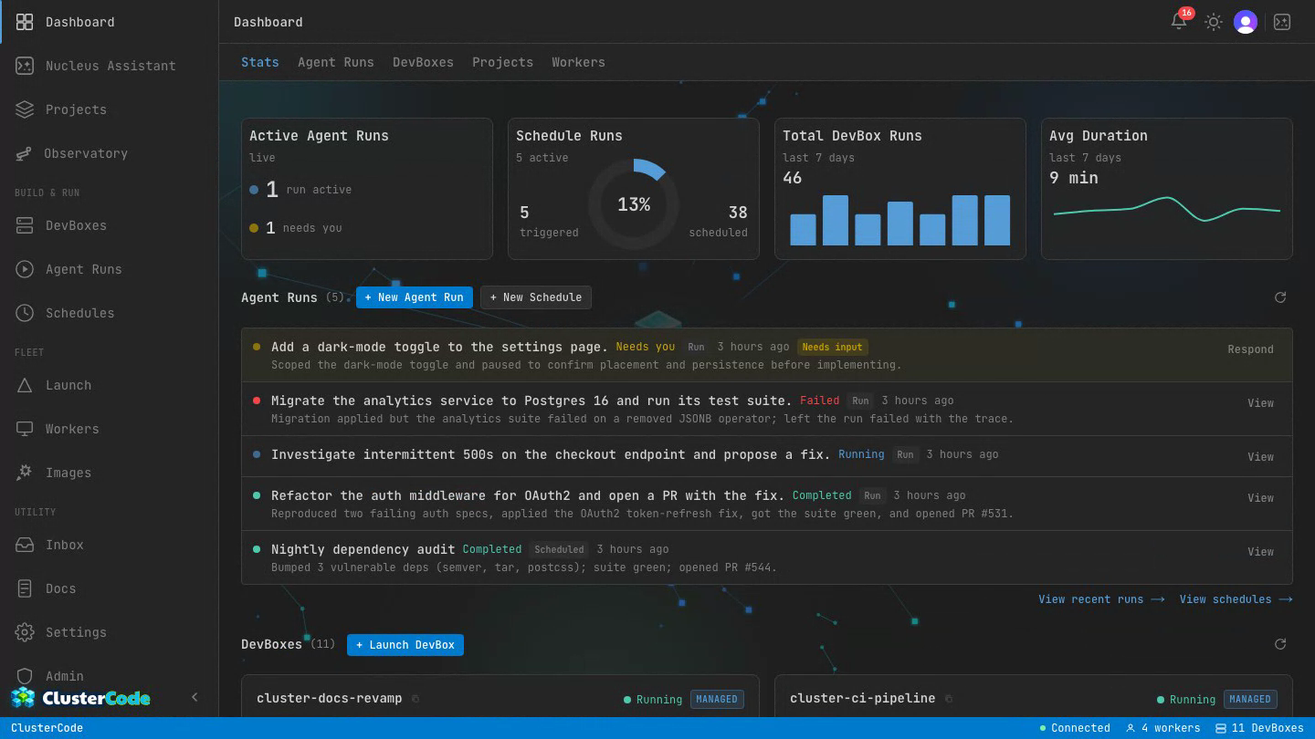 The ClusterCode orchestrator dashboard — connected workers, running DevBoxes, recent runs, and schedules at a glance.