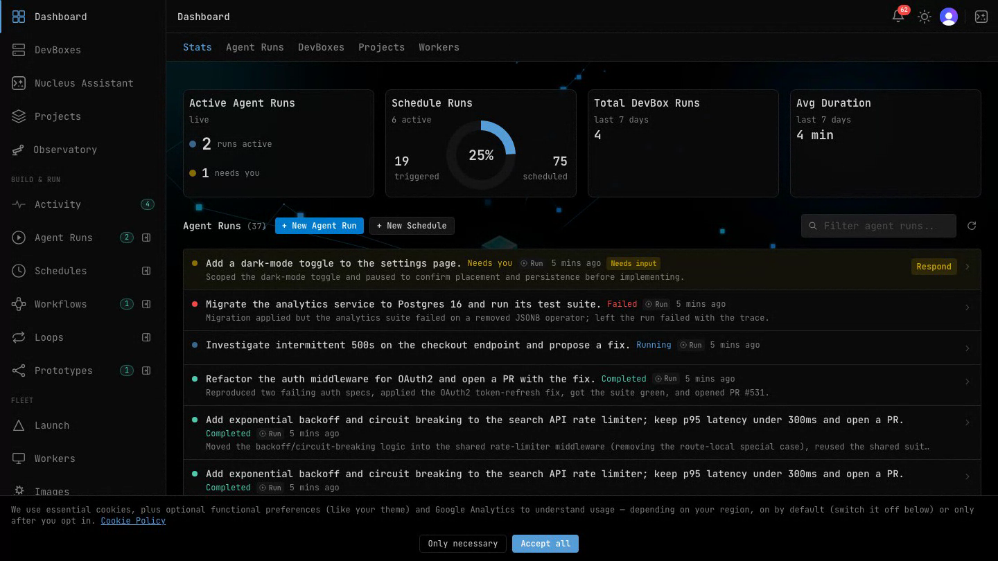 The ClusterCode orchestrator dashboard — connected workers, running DevBoxes, recent runs, and schedules at a glance.