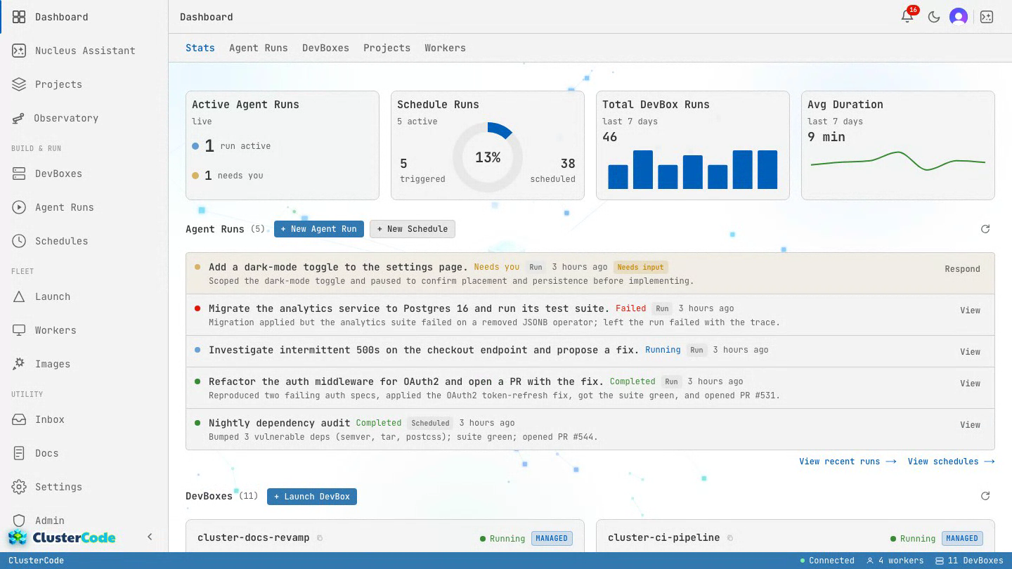 The ClusterCode orchestrator dashboard — connected workers, running DevBoxes, recent runs, and schedules at a glance.