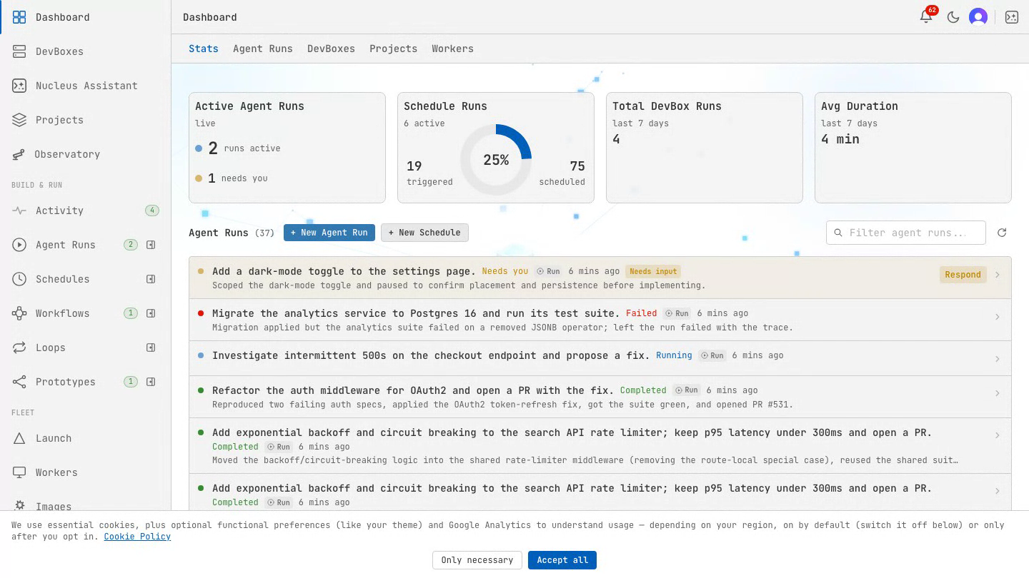 The ClusterCode orchestrator dashboard — connected workers, running DevBoxes, recent runs, and schedules at a glance.