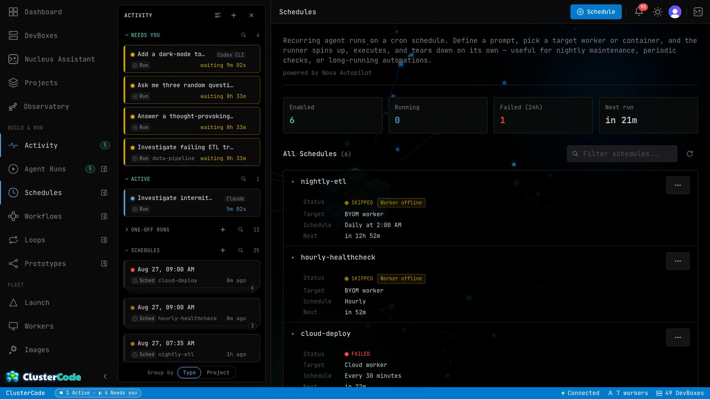 The Schedules page switching from the list view — ten recurring jobs, each showing its name, engine, cron cadence, target worker and next run — to the timeline view, then stepping through the 24h, 3d and 7d ranges as past executions render as colored bars along each schedule's lane.