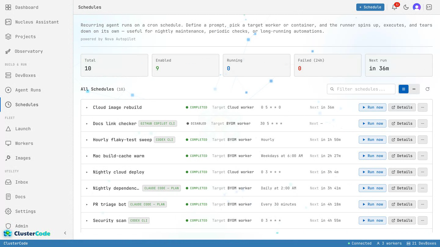 The Schedules page switching from the list view — ten recurring jobs, each showing its name, engine, cron cadence, target worker and next run — to the timeline view, then stepping through the 24h, 3d and 7d ranges as past executions render as colored bars along each schedule's lane.