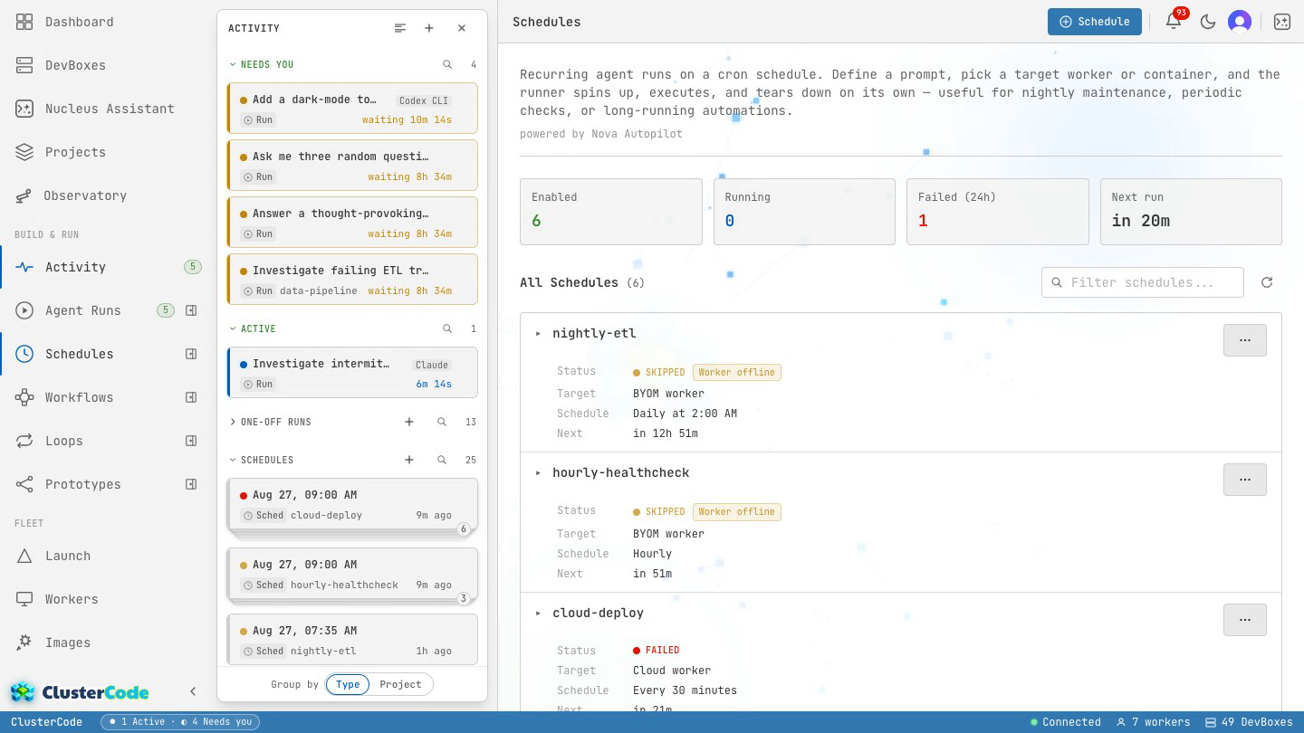 The Schedules page switching from the list view — ten recurring jobs, each showing its name, engine, cron cadence, target worker and next run — to the timeline view, then stepping through the 24h, 3d and 7d ranges as past executions render as colored bars along each schedule's lane.