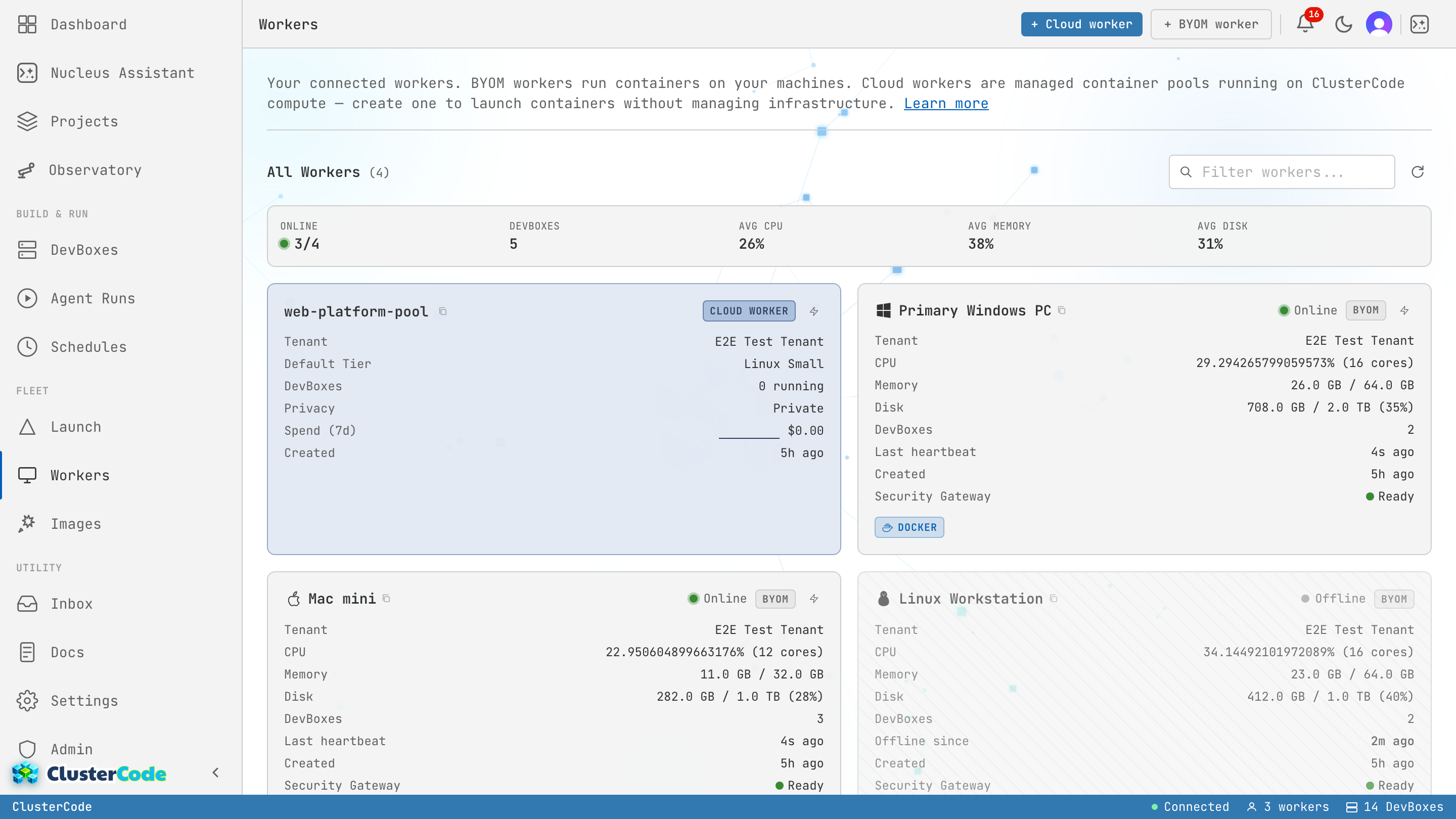 The Workers page — connected self-hosted and cloud machines, each with live CPU, memory, disk, and DevBox counts.